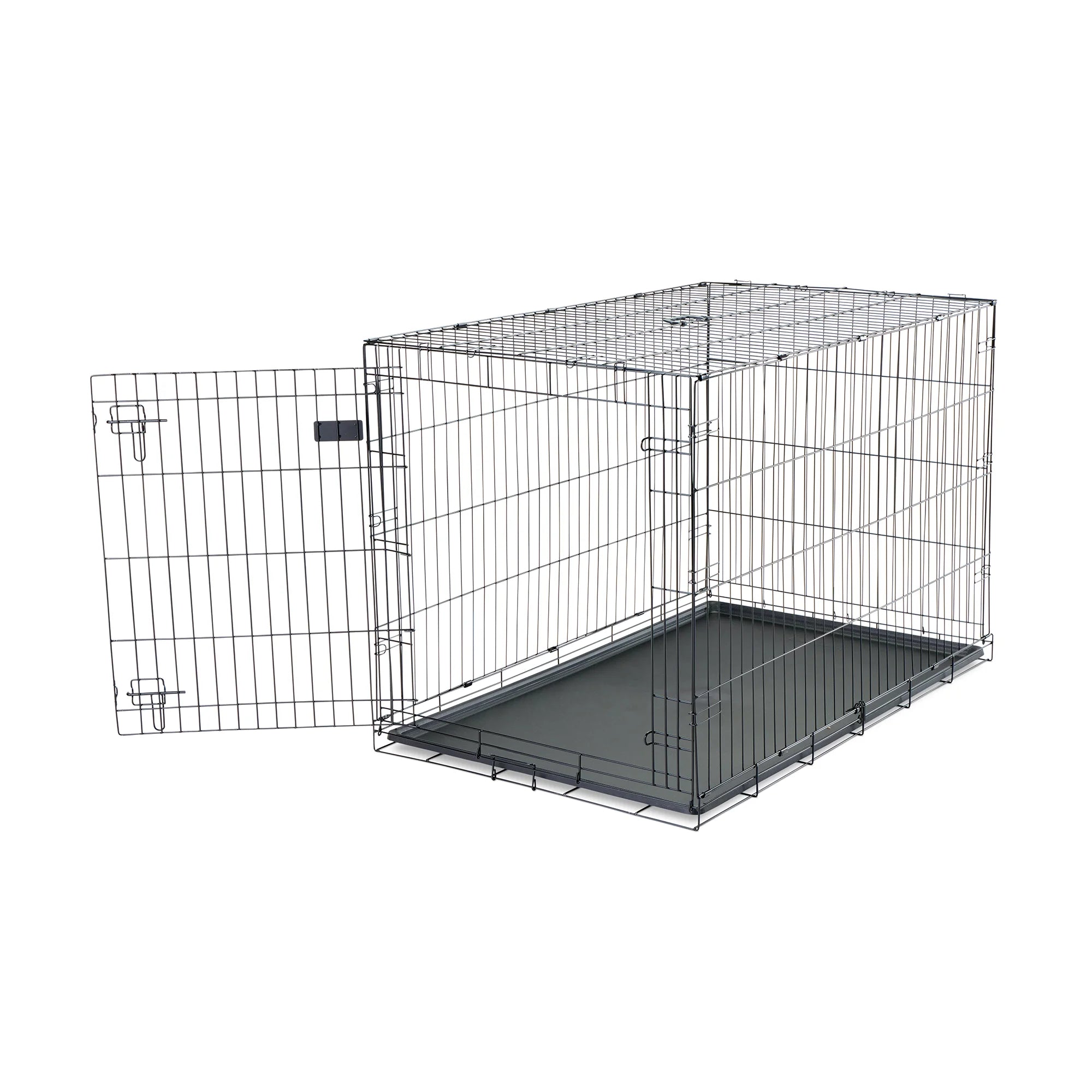 The Carlson Extra-Large Single-Door Dog Crate is a black, steel wire kennel measuring 48” L x 30” W x 32.5” H. It features one front door with a multi-point locking system, folds flat for easy storage and travel, and includes a removable, washable bottom pan for easy cleaning. Ideal for large to extra-large dogs.