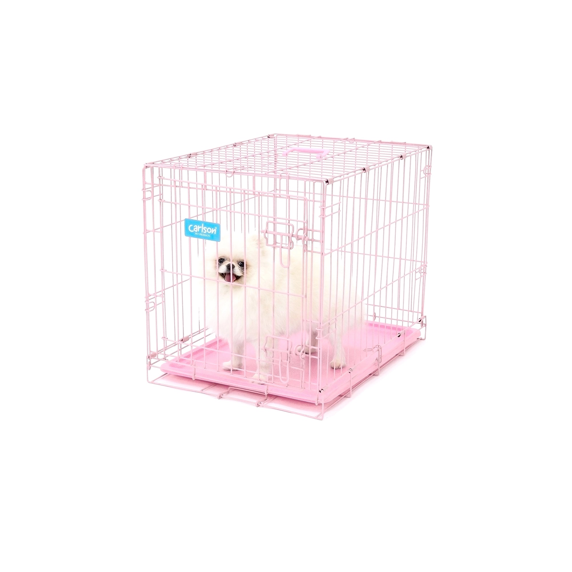 The Carlson Small Single-Door Dog Crate in pink is a durable steel wire kennel measuring 24” L x 18” W x 20.5” H. It features a multi-point locking system, a front door for easy access, and a removable bottom pan for easy cleaning. The crate folds nearly flat for convenient travel and storage. Ideal for small dogs.