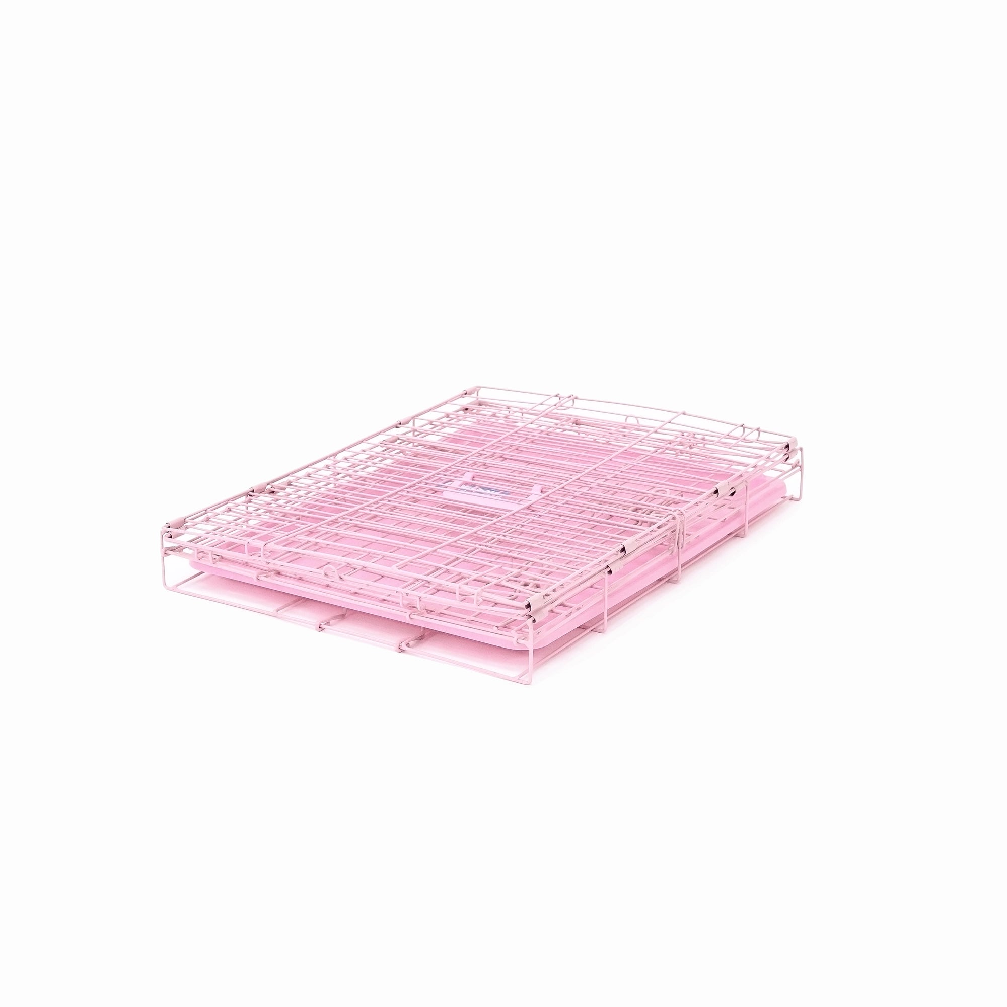 The Carlson Small Single-Door Dog Crate in pink is a durable steel wire kennel measuring 24” L x 18” W x 20.5” H. It features a multi-point locking system, a front door for easy access, and a removable bottom pan for easy cleaning. The crate folds nearly flat for convenient travel and storage. Ideal for small dogs.