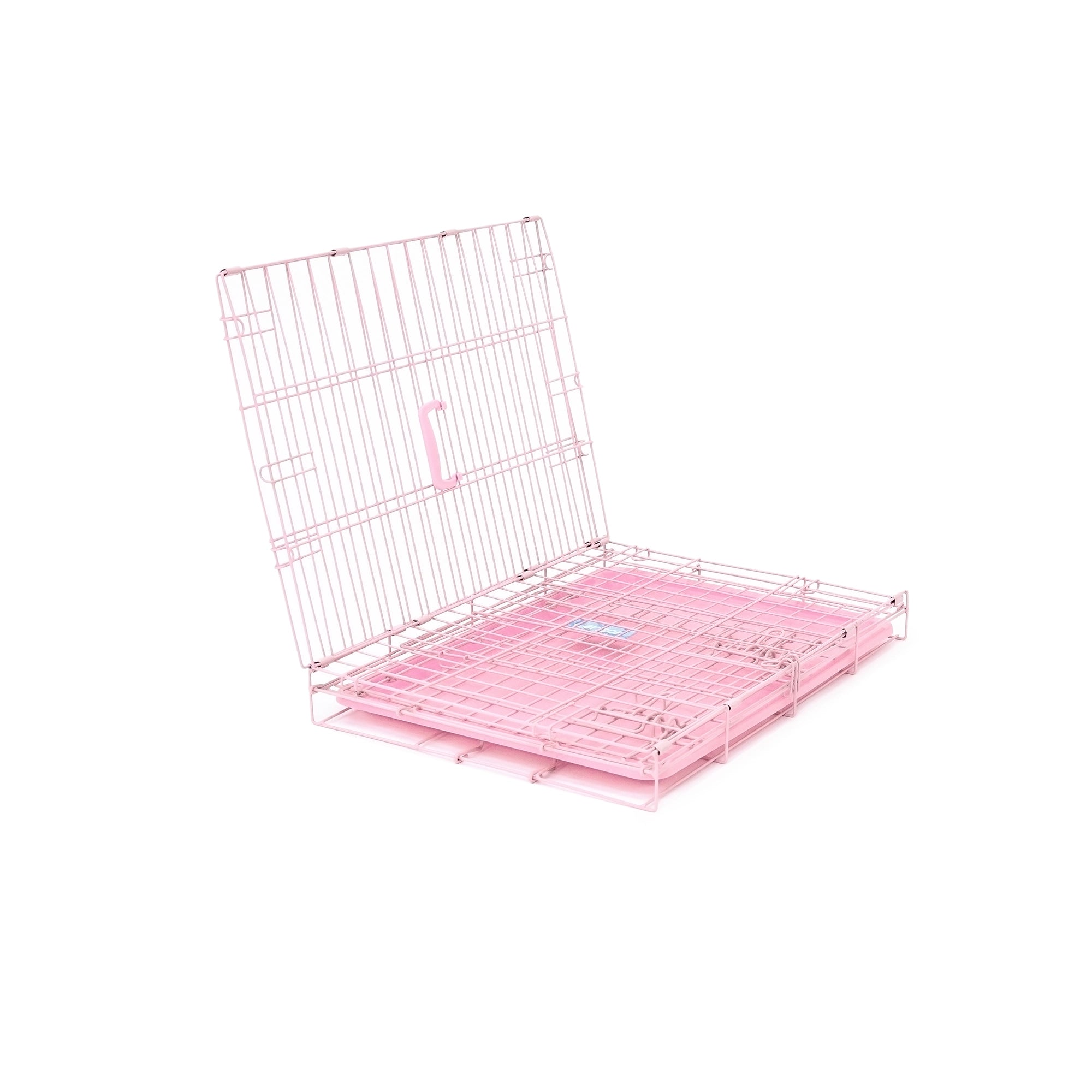 The Carlson Small Single-Door Dog Crate in pink is a durable steel wire kennel measuring 24” L x 18” W x 20.5” H. It features a multi-point locking system, a front door for easy access, and a removable bottom pan for easy cleaning. The crate folds nearly flat for convenient travel and storage. Ideal for small dogs.