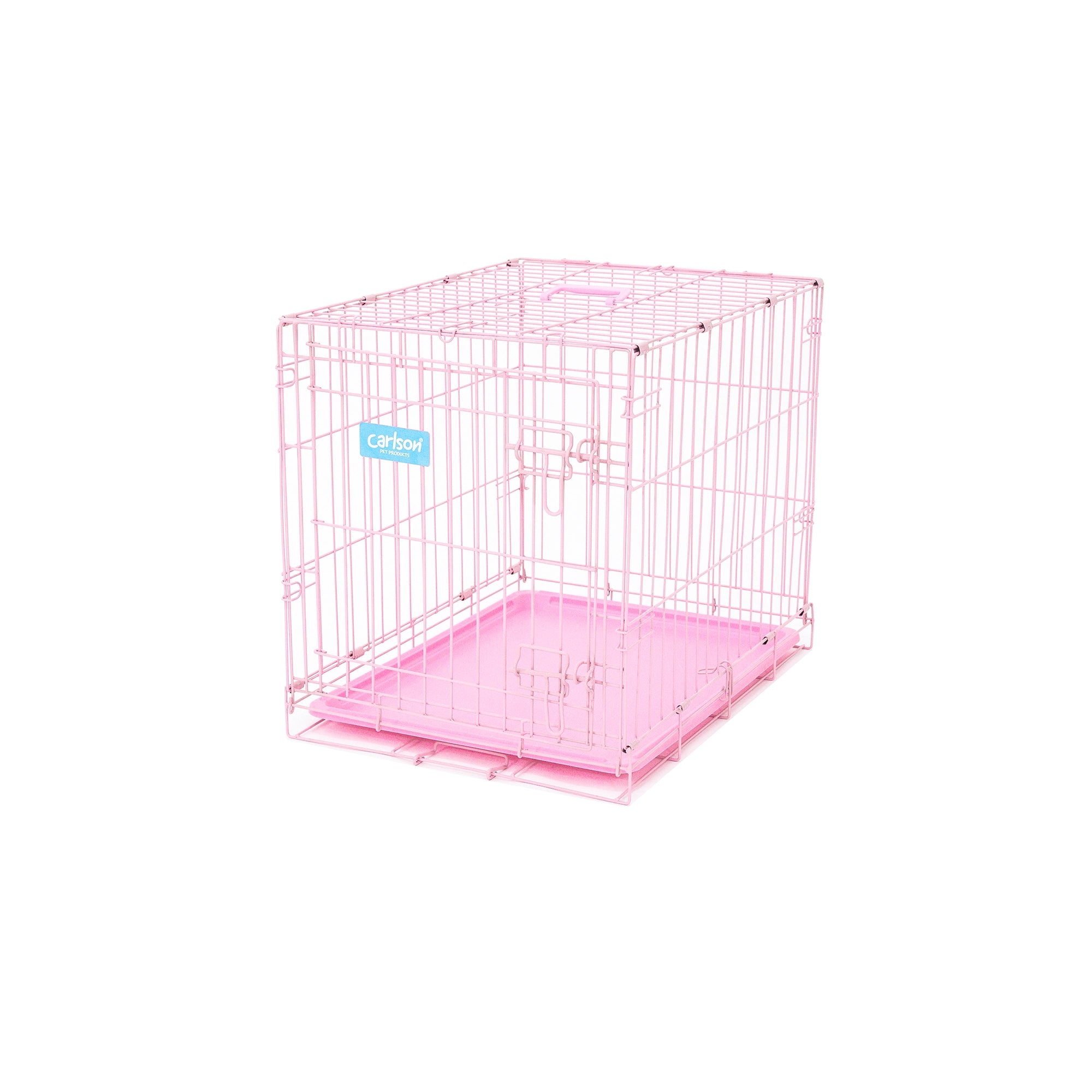 The Carlson Small Single-Door Dog Crate in pink is a durable steel wire kennel measuring 24” L x 18” W x 20.5” H. It features a multi-point locking system, a front door for easy access, and a removable bottom pan for easy cleaning. The crate folds nearly flat for convenient travel and storage. Ideal for small dogs.