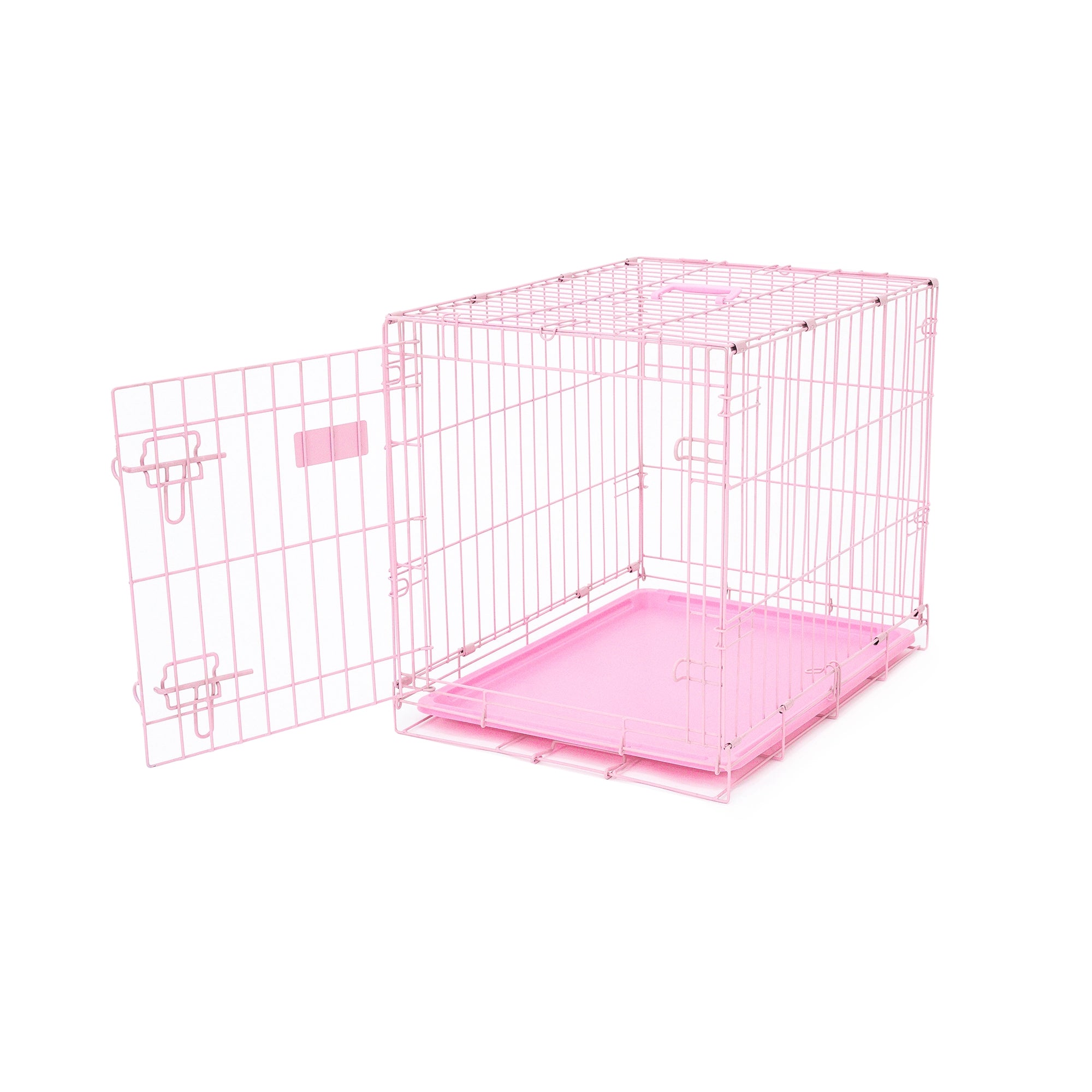 The Carlson Small Single-Door Dog Crate in pink is a durable steel wire kennel measuring 24” L x 18” W x 20.5” H. It features a multi-point locking system, a front door for easy access, and a removable bottom pan for easy cleaning. The crate folds nearly flat for convenient travel and storage. Ideal for small dogs.