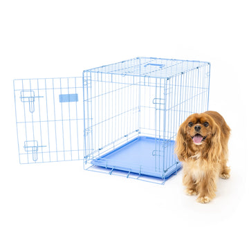 The Carlson Small Single-Door Dog Crate in blue is a durable steel wire crate measuring 24” L x 18” W x 20.5” H. It features a multi-point locking system, a front door for easy access, and a removable bottom pan for easy cleaning. The crate folds flat for convenient travel and storage, ideal for small dogs.