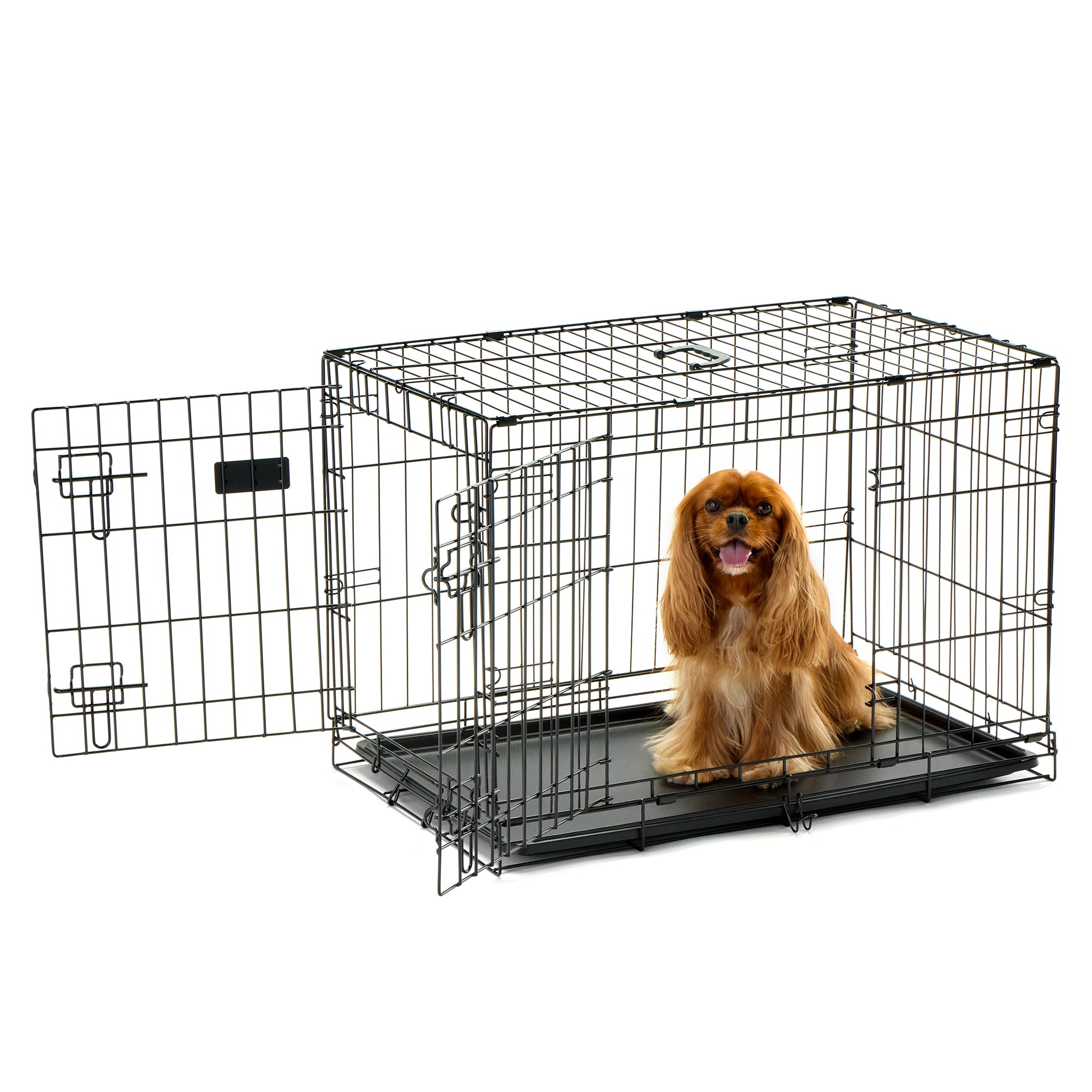 The Carlson Medium Double-Door Dog Crate features a sturdy steel wire construction, offering a safe and comfortable space for small to medium-sized dogs up to 24” long. It includes two access doors, a removable pan for easy cleaning, and folds flat for convenient storage and transport. Ideal for training and containment.
