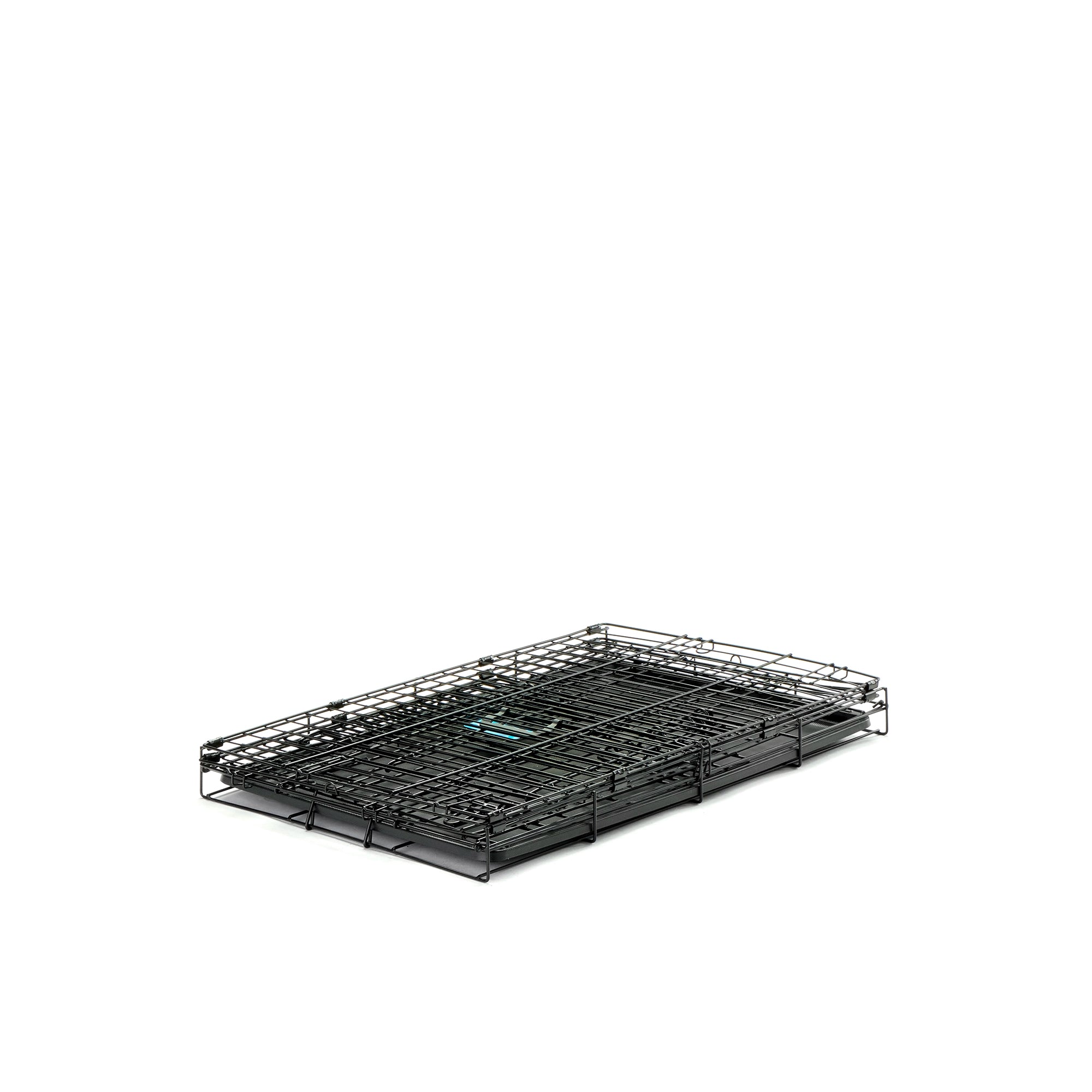 The Carlson Medium Double-Door Dog Crate features a sturdy steel wire construction, offering a safe and comfortable space for small to medium-sized dogs up to 24” long. It includes two access doors, a removable pan for easy cleaning, and folds flat for convenient storage and transport. Ideal for training and containment.