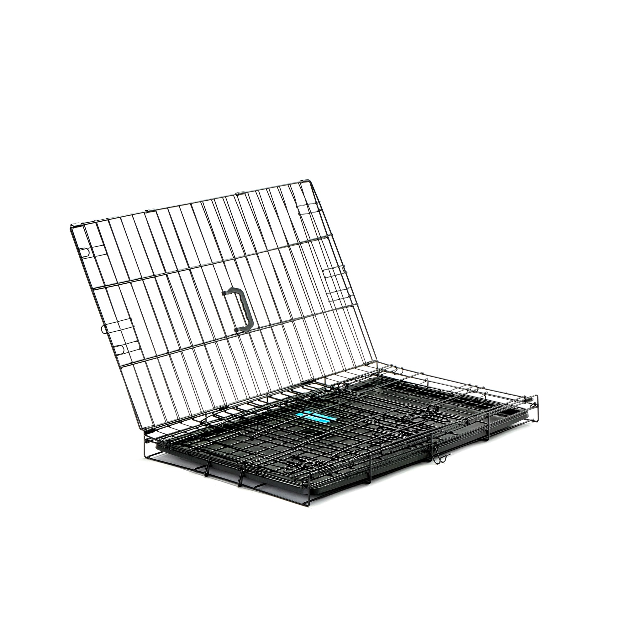 The Carlson Medium Double-Door Dog Crate features a sturdy steel wire construction, offering a safe and comfortable space for small to medium-sized dogs up to 24” long. It includes two access doors, a removable pan for easy cleaning, and folds flat for convenient storage and transport. Ideal for training and containment.