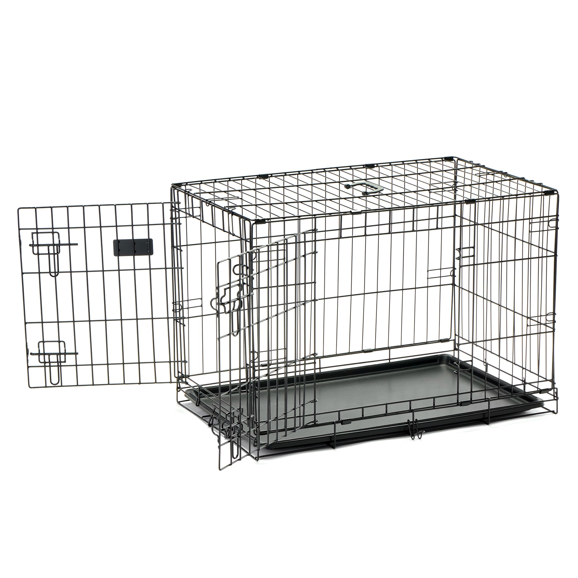 The Carlson Medium Double-Door Dog Crate features a sturdy steel wire construction, offering a safe and comfortable space for small to medium-sized dogs up to 24” long. It includes two access doors, a removable pan for easy cleaning, and folds flat for convenient storage and transport. Ideal for training and containment.