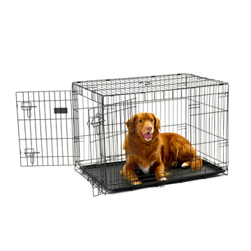 The Carlson Intermediate Double-Door Dog Crate features a durable steel wire frame, two easy-access doors (front and side), and a multi-point locking system. Ideal for medium to intermediate dog breeds, it folds flat for portability, includes a removable bottom pan, and a divider for growing puppies.