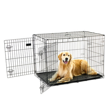 The Carlson Large Double-Door Dog Crate is a durable and portable steel wire crate designed for medium to large dogs. It features two access doors, a multi-point locking system, a removable bottom pan for easy cleaning, and a divider to adjust the space as your puppy grows. Ideal for travel and home use.
