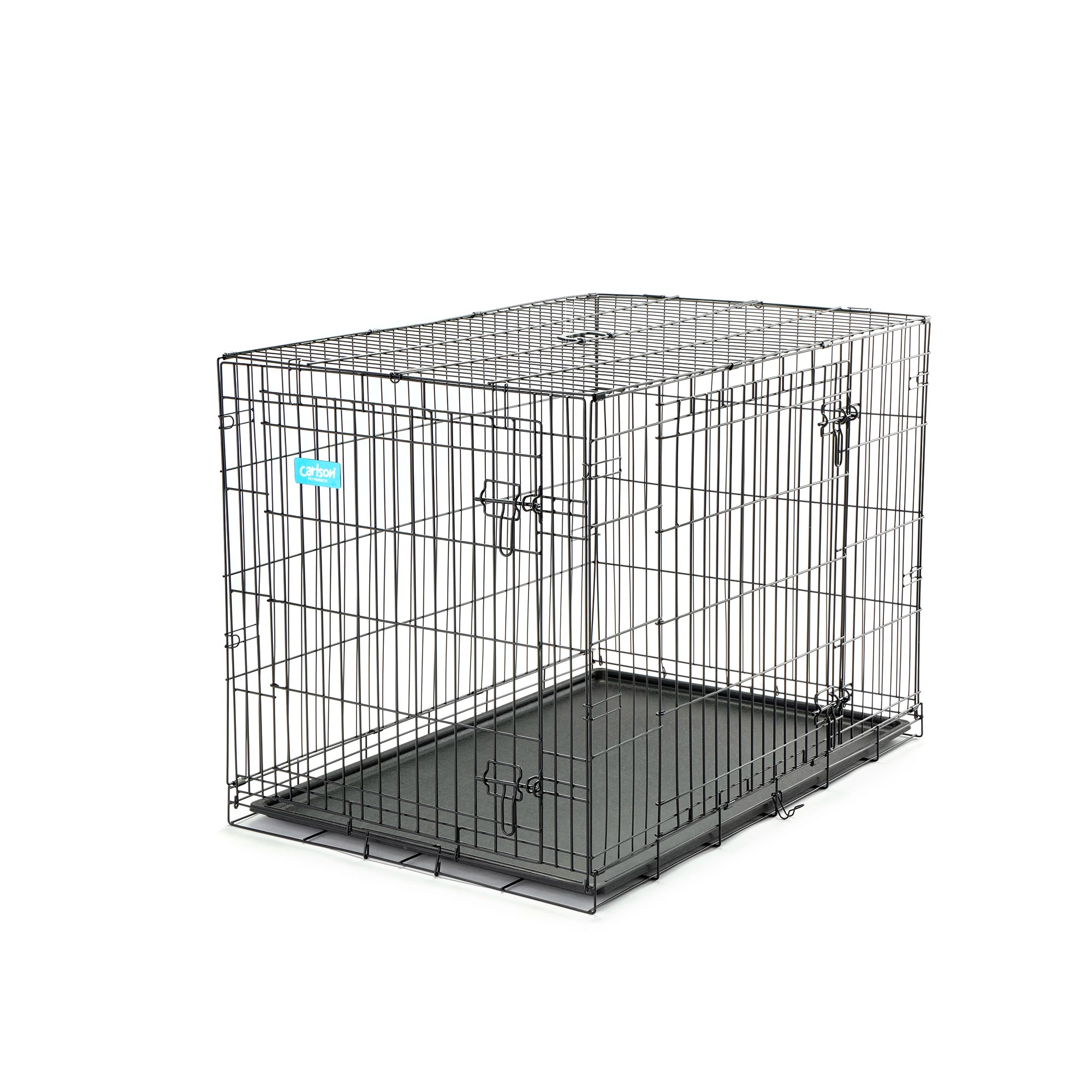 The Carlson Large Double-Door Dog Crate is a durable and portable steel wire crate designed for medium to large dogs. It features two access doors, a multi-point locking system, a removable bottom pan for easy cleaning, and a divider to adjust the space as your puppy grows. Ideal for travel and home use.
