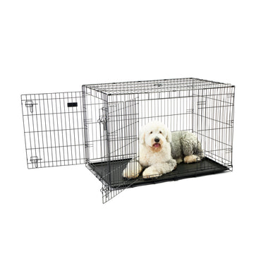 The Carlson Extra-Large Double-Door Dog Crate features a durable steel wire frame with two access doors for easy entry and exit. It folds flat for portability and storage, and includes a removable bottom pan for easy cleaning. Ideal for large to extra-large dogs, it also includes a divider to grow with your puppy.