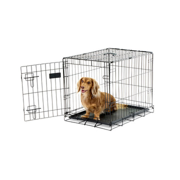 The Carlson Small Single-Door Dog Crate is a durable black wire crate designed for small dogs up to 22” long and 16” tall. It features a front door with a multi-point locking system, folds flat for easy storage and travel, and has a removable bottom pan for easy cleaning. Perfect for travel or home use.