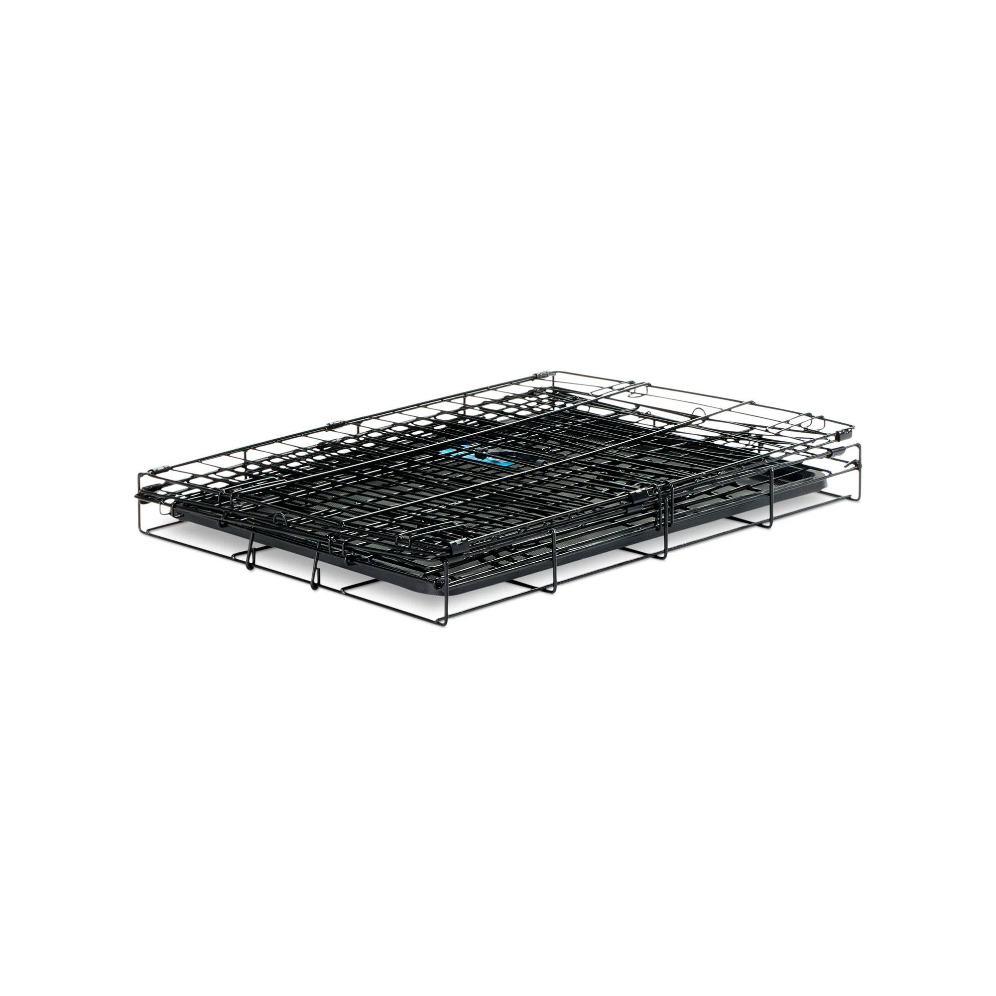 The Carlson Small Single-Door Dog Crate is a durable black wire crate designed for small dogs up to 22” long and 16” tall. It features a front door with a multi-point locking system, folds flat for easy storage and travel, and has a removable bottom pan for easy cleaning. Perfect for travel or home use.