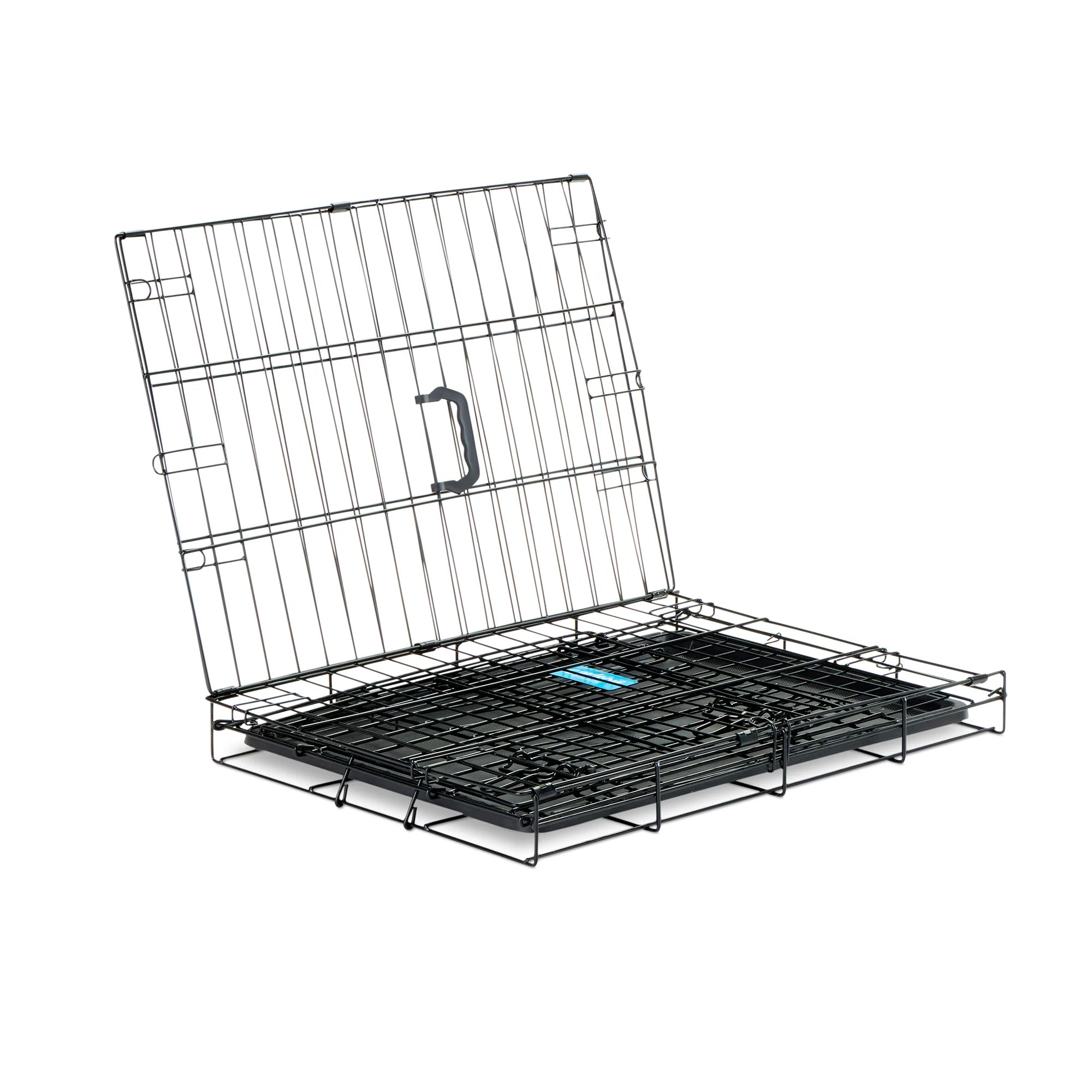 The Carlson Small Single-Door Dog Crate is a durable black wire crate designed for small dogs up to 22” long and 16” tall. It features a front door with a multi-point locking system, folds flat for easy storage and travel, and has a removable bottom pan for easy cleaning. Perfect for travel or home use.