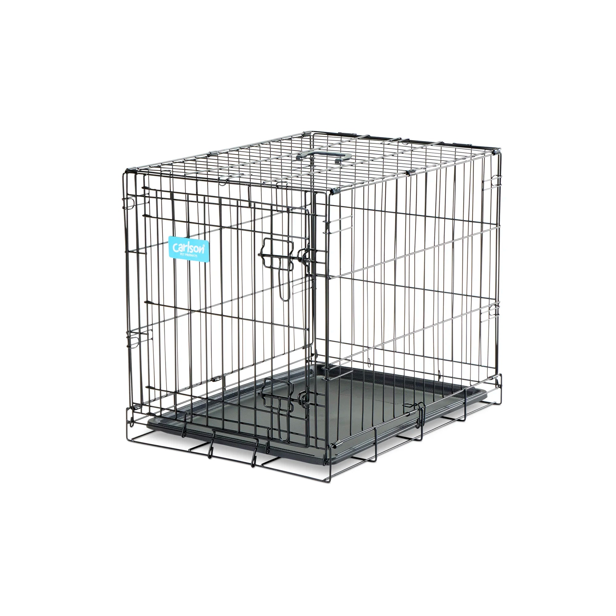 The Carlson Small Single-Door Dog Crate is a durable black wire crate designed for small dogs up to 22” long and 16” tall. It features a front door with a multi-point locking system, folds flat for easy storage and travel, and has a removable bottom pan for easy cleaning. Perfect for travel or home use.