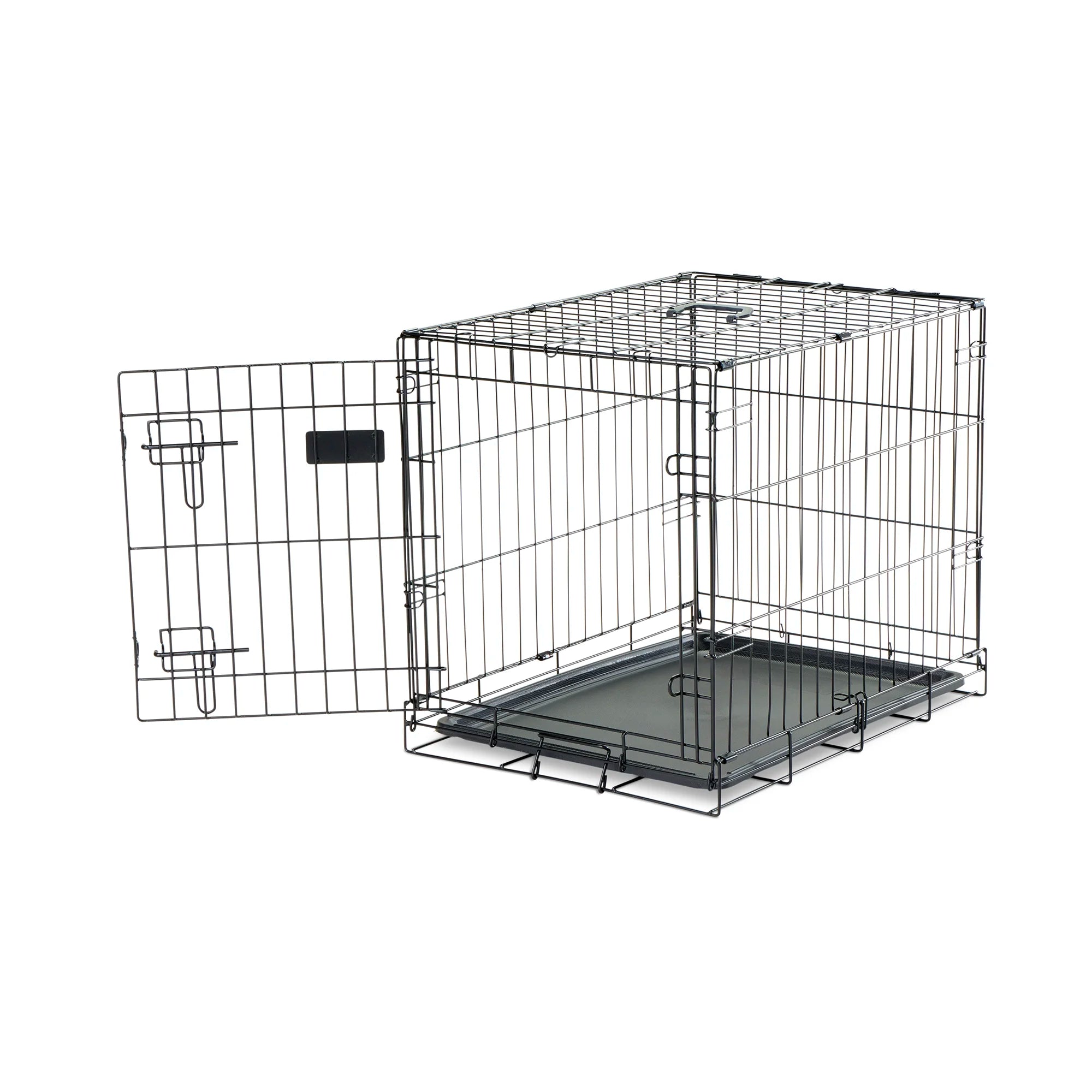 The Carlson Small Single-Door Dog Crate is a durable black wire crate designed for small dogs up to 22” long and 16” tall. It features a front door with a multi-point locking system, folds flat for easy storage and travel, and has a removable bottom pan for easy cleaning. Perfect for travel or home use.