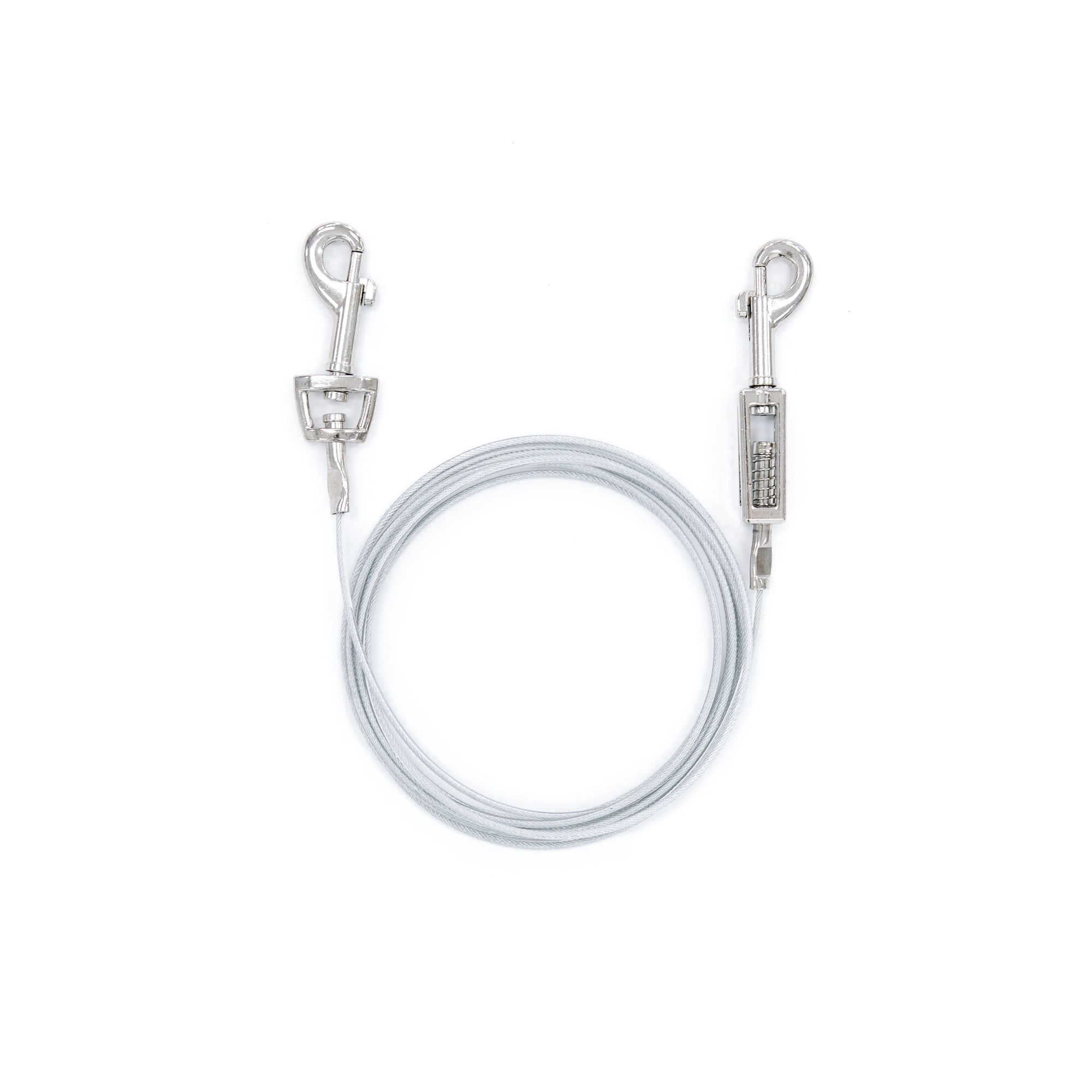 Carlson Small Dog Tie-Out Cable is a 10-foot, 50-pound capacity steel wire cable for pet containment. Features a collar/harness clasp for your pet and a spring cage clasp for secure stake attachment. Ideal for outdoor use, camping, or travel, and works with Carlson Barbed or Screw Stake.
