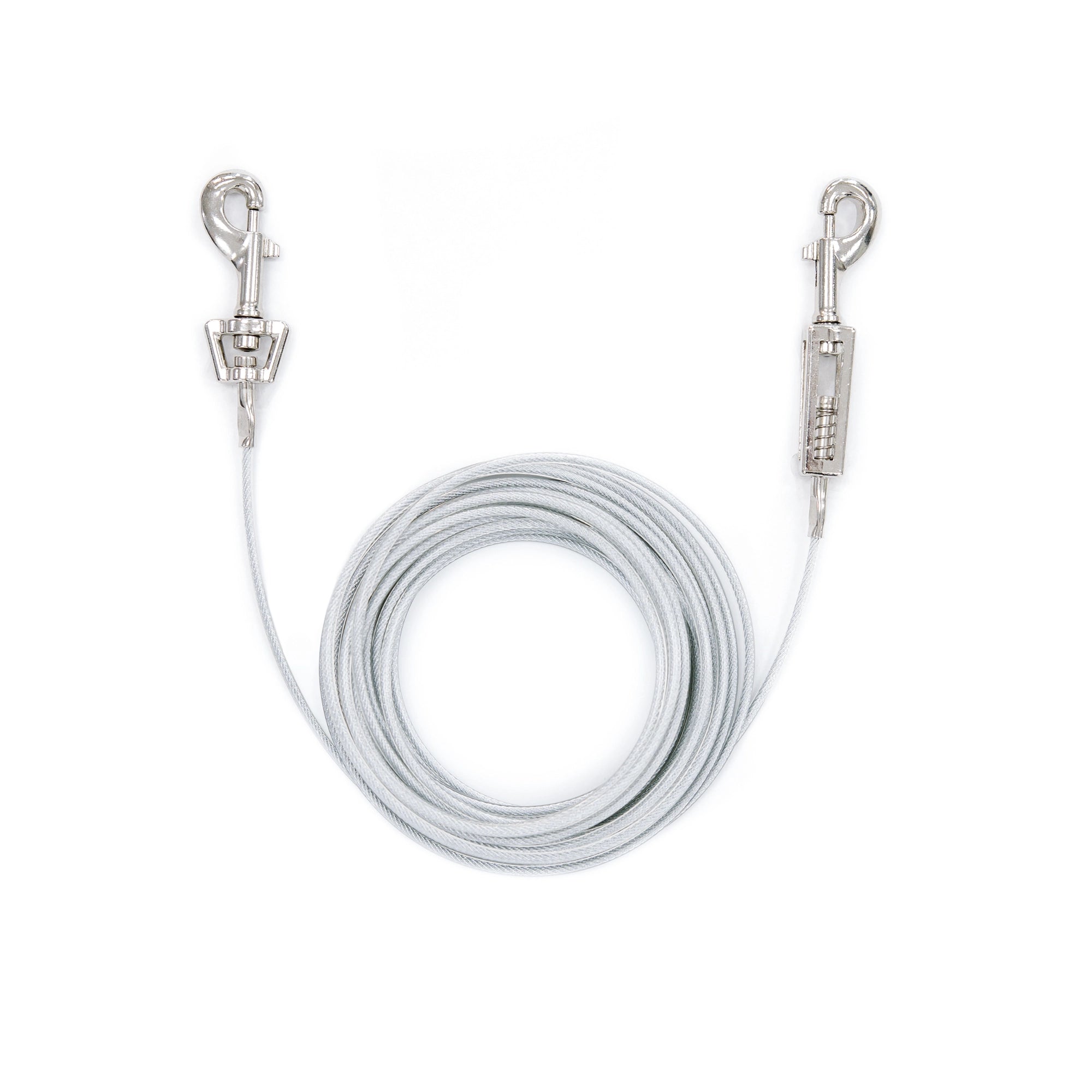 The Carlson Large Dog Tie-Out Cable is a 30-foot, steel wire cable designed for dogs up to 150 pounds, offering a safe outdoor containment solution. Ideal for homes without a fenced yard or for travel, it includes secure collar/harness and spring cage clasps for added safety. Paired with Carlson stakes for easy installation.
