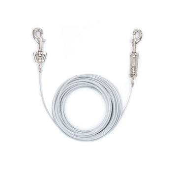 The Carlson Large Dog Tie-Out Cable is a 30-foot, steel wire cable designed for dogs up to 150 pounds, offering a safe outdoor containment solution. Ideal for homes without a fenced yard or for travel, it includes secure collar/harness and spring cage clasps for added safety. Paired with Carlson stakes for easy installation.