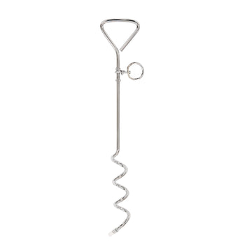 Carlson Triangle Screw Stake, a silver pet containment solution standing 18.3 inches tall. It features a triangle top and screw-shaped body designed to securely anchor the stake into the ground. Ideal for use with Carlson Dog Tie-Out Cables, providing safety for pets at home or while traveling.
