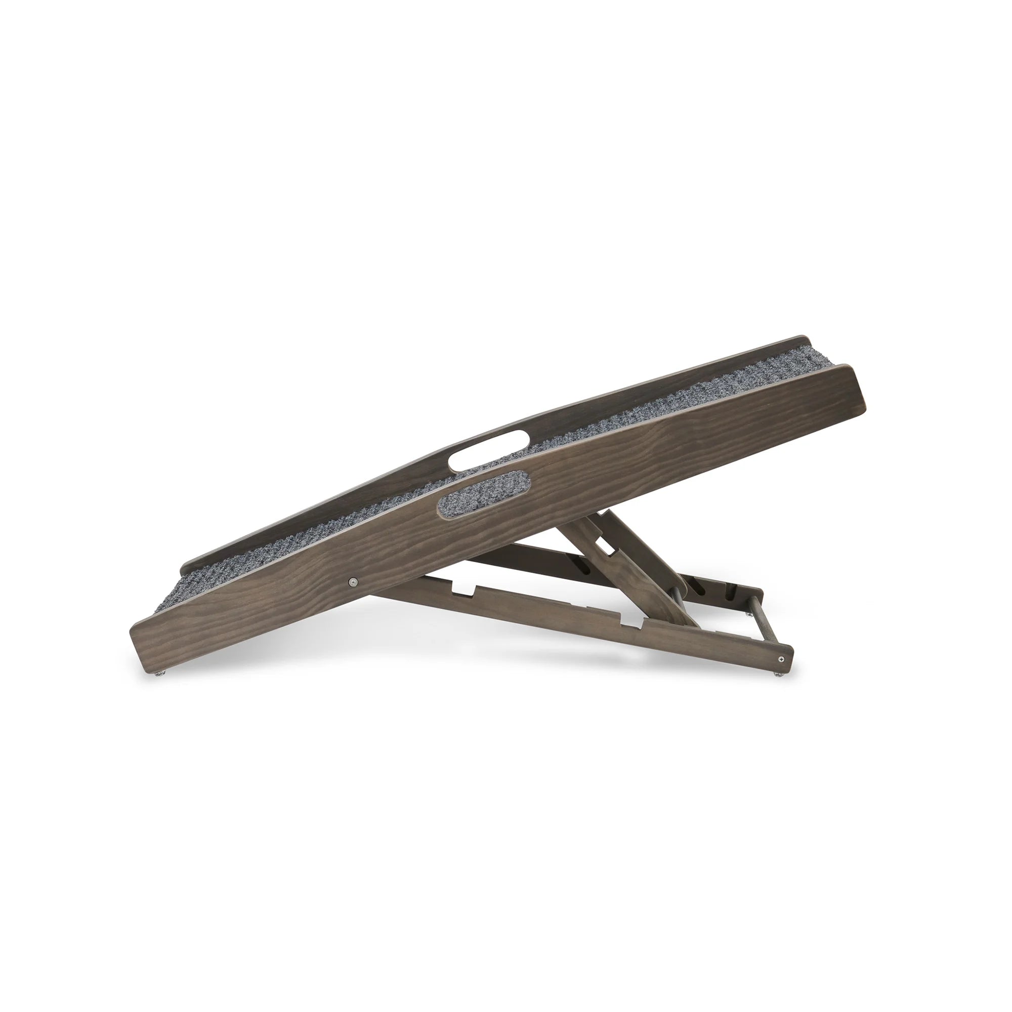 Carlson Indoor Pet Ramp in grey provides safe, easy access for pets to reach beds, couches, or chairs. Supports pets up to 80 lbs, with adjustable heights (12"-24"). Features a non-slip grey carpet, collapsible frame, and built-in handle for portability. Lightweight, durable, and easy to store.