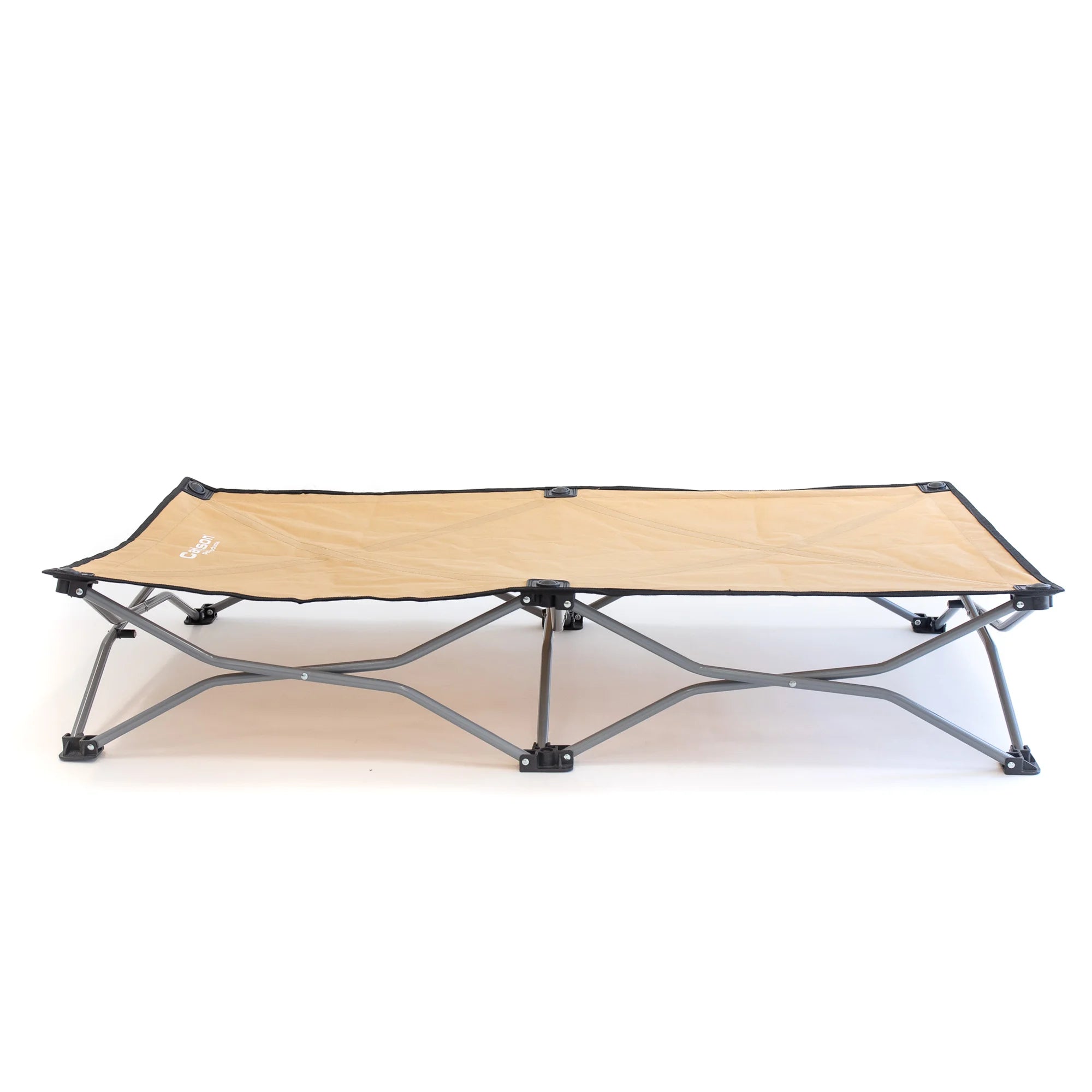 Portable and durable Carlson Large Tan Portable Pup Pet Bed with an all-steel frame and waterproof nylon fabric. Ideal for pets up to 95 pounds, it features easy setup, foldable design for storage, breathable mesh, and a comfortable elevated surface for indoor or outdoor use.