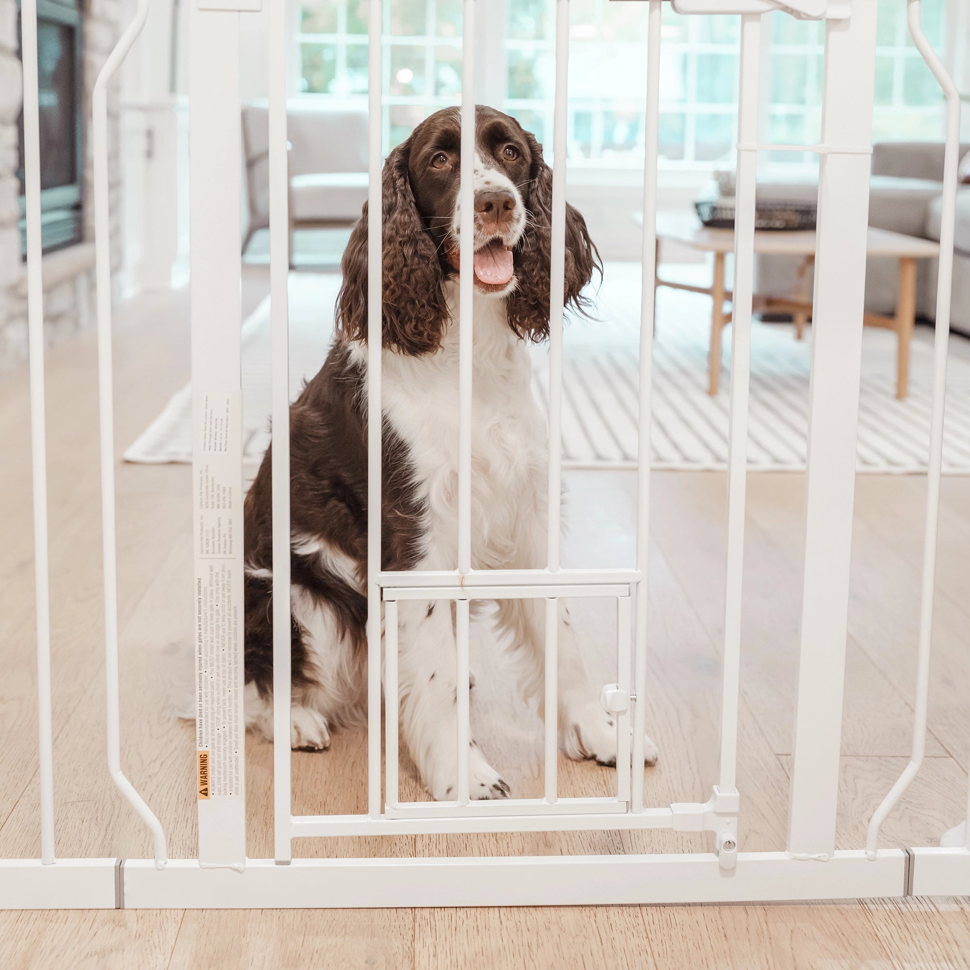 The Carlson 51" Extra Wide Walk-Thru Pet Gate in clean white features a durable all-steel frame, a patented small pet door for easy access, and a convenient lift-style handle. It includes 6" and 12" extensions for wider openings and offers simple pressure-mount installation with optional hardware mounting. Ideal for pets and homes.