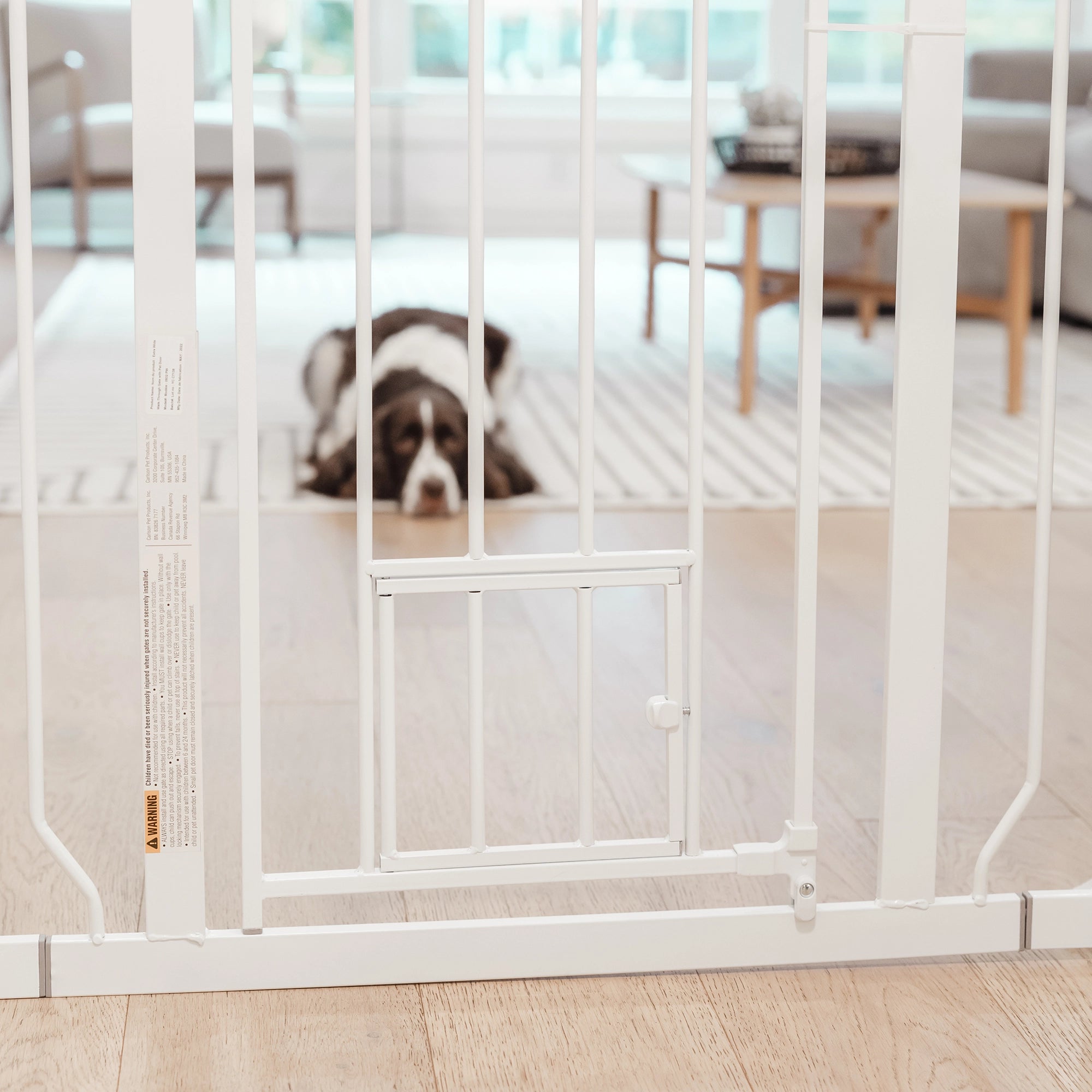The Carlson 51" Extra Wide Walk-Thru Pet Gate in clean white features a durable all-steel frame, a patented small pet door for easy access, and a convenient lift-style handle. It includes 6" and 12" extensions for wider openings and offers simple pressure-mount installation with optional hardware mounting. Ideal for pets and homes.