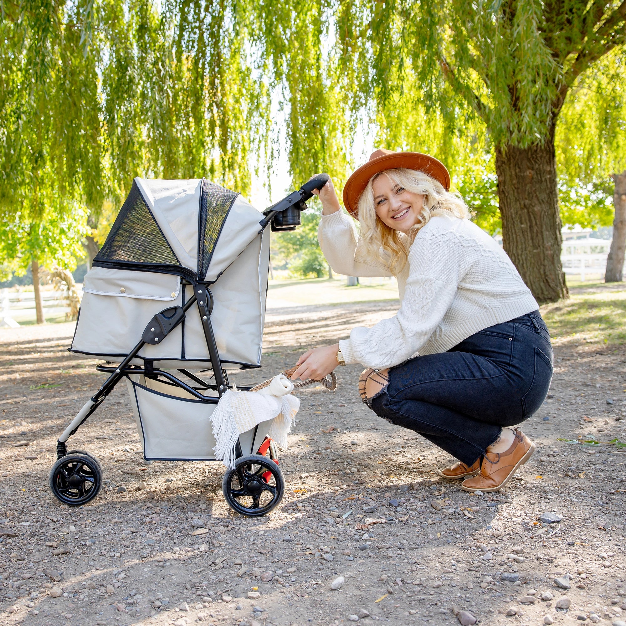 The Carlson Portable Pup Pet Stroller is a lightweight, foldable stroller with a mesh canopy, safety leash, and 360-degree wheels for easy outdoor walks.