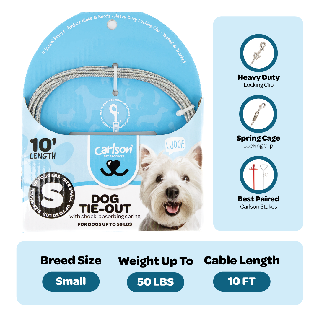 Carlson Small Dog Tie-Out Cable is a 10-foot, 50-pound capacity steel wire cable for pet containment. Features a collar/harness clasp for your pet and a spring cage clasp for secure stake attachment. Ideal for outdoor use, camping, or travel, and works with Carlson Barbed or Screw Stake.