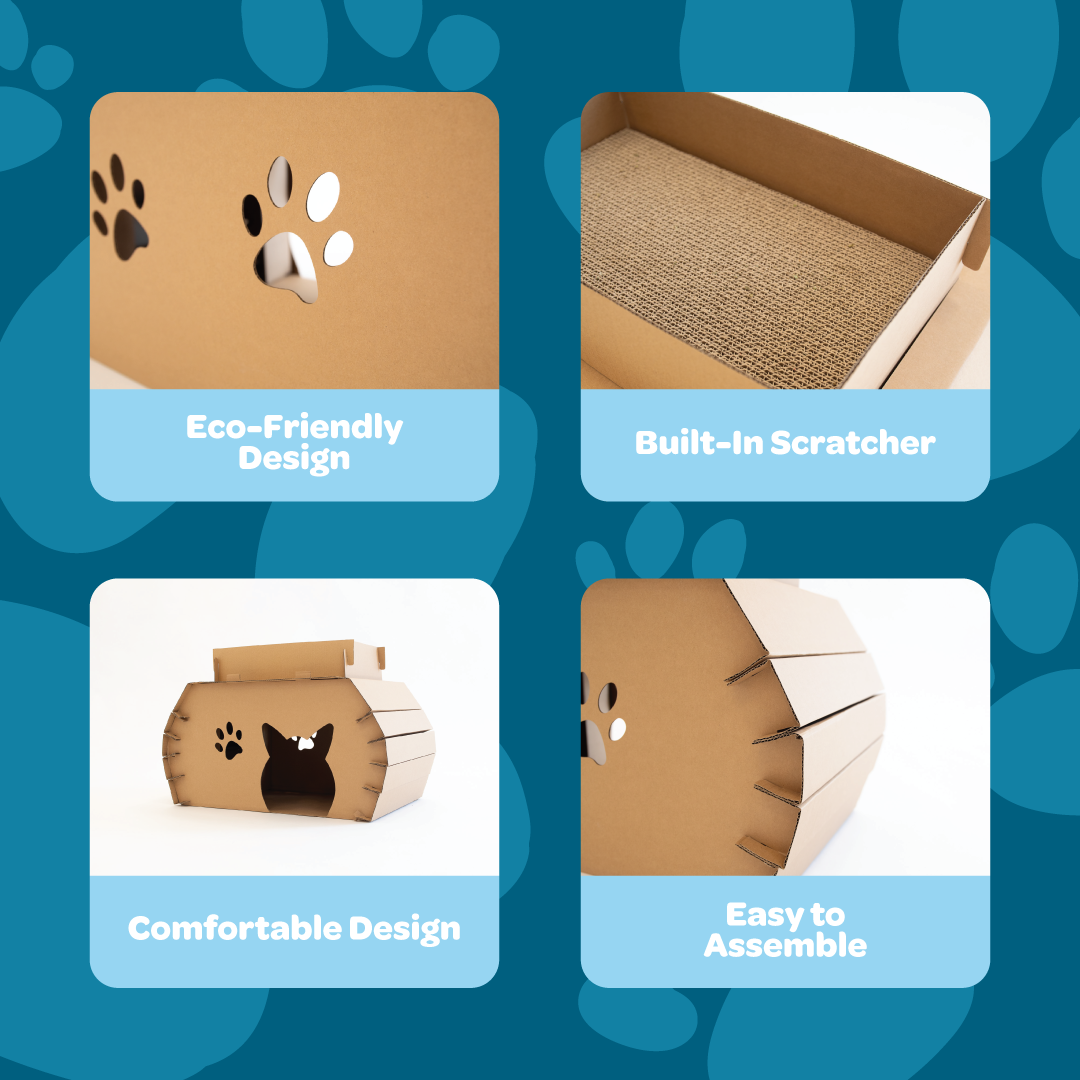 The Carlson Cat Camper and Scratcher is a compact, eco-friendly playhouse made from durable cardboard. Featuring a cat door, three paw-shaped windows, and a removable scratcher, it provides a cozy, entertaining space for small animals like cats and rabbits. Easy to assemble and lightweight for easy transport.