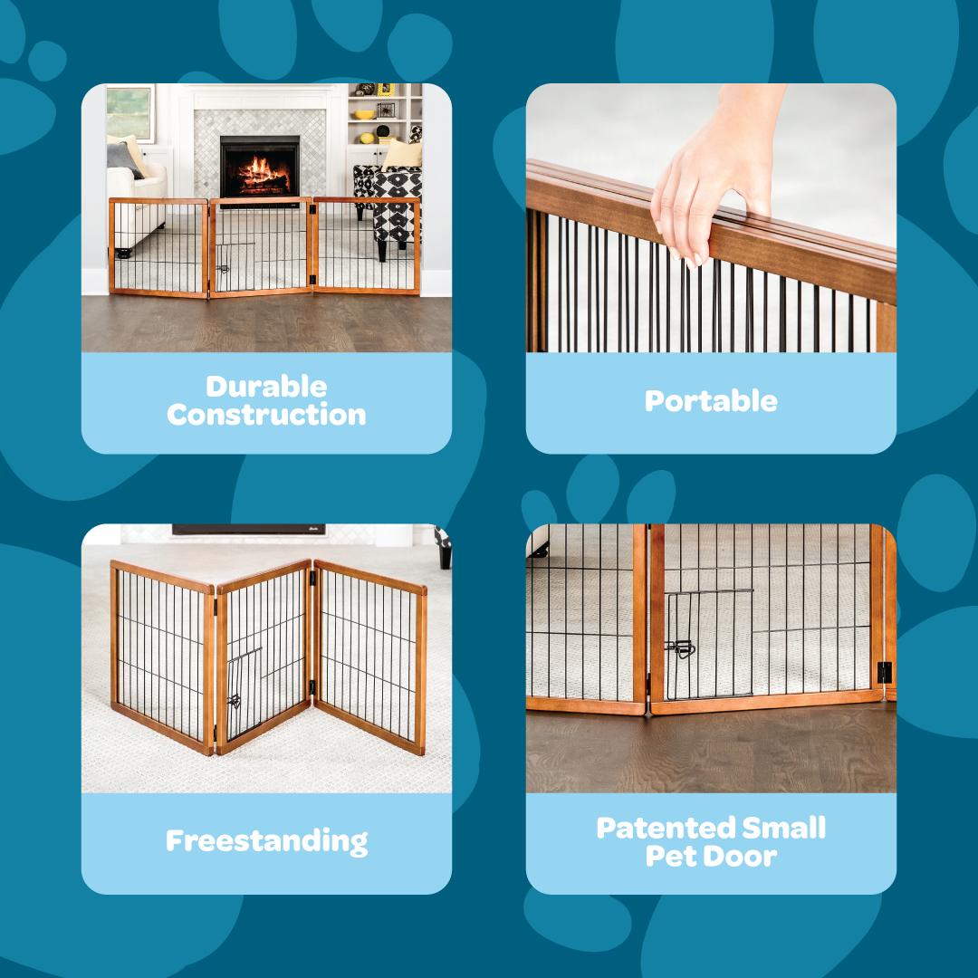 A wooden pet gate with a black metal frame, featuring three panels that fold for easy storage. It stands 20 inches tall, adjusts from 22 to 62 inches wide, and includes a small pet door for dogs to pass through. Ideal for hallways, doorways, or stairs, and requires no permanent installation.