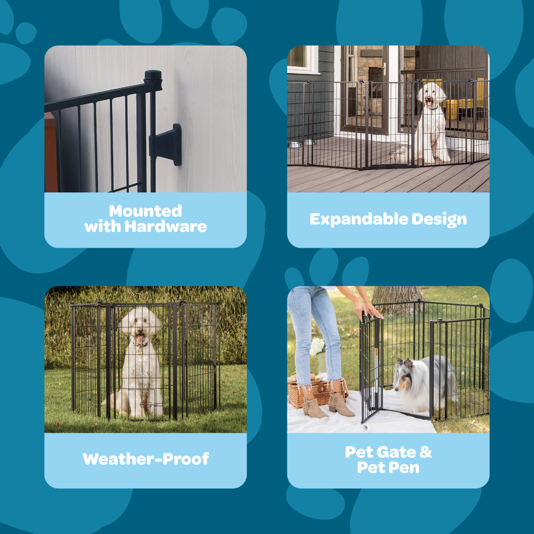 The Carlson Outdoor Super Wide Pet Pen & Gate with Small Pet Door is a versatile, extra tall 32” gate made from durable black steel. It expands up to 144” wide and includes a walk-through door with a safety lock. Ideal for both small and large pets, it’s perfect for securing outdoor spaces and ensuring safety.