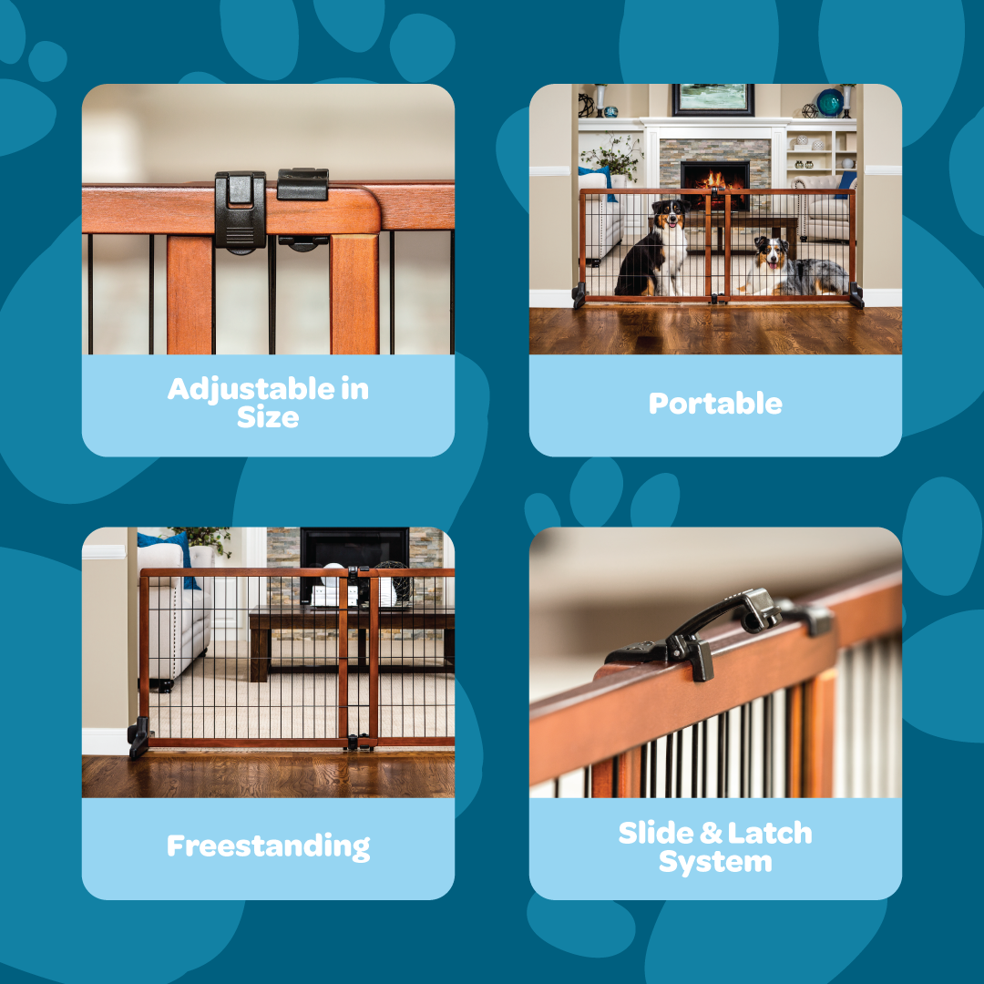The Carlson Design Paw Extra Tall Extra Wide Freestanding Pet Gate features a durable wood frame with black steel accents, expanding from 40” to 70” in width. Standing 28” tall, it’s perfect for small pets, offering a non-permanent, easy-to-use solution to manage pet access in your home.