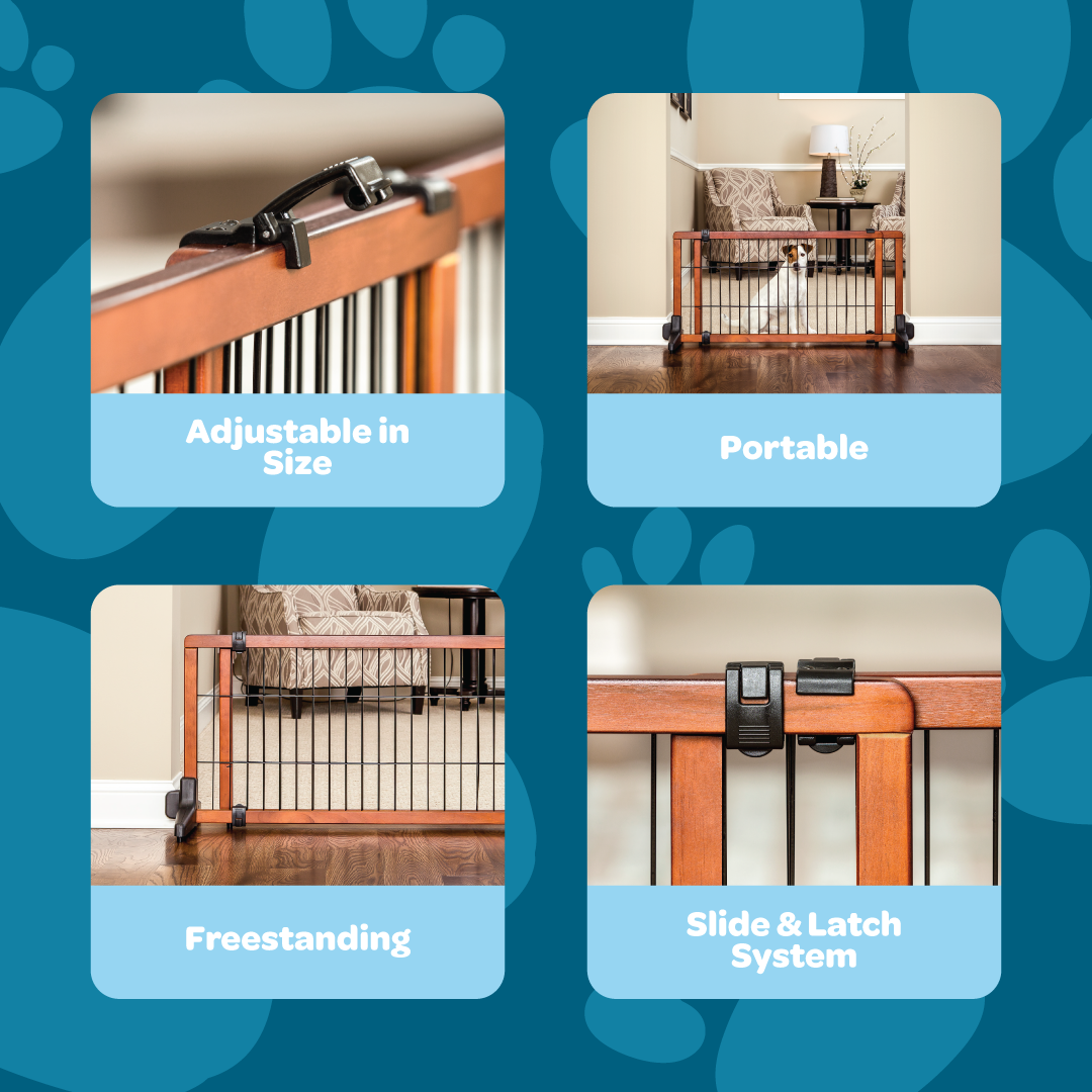 The Carlson Design Paw Extra Wide Freestanding Pet Gate features a stylish wood frame with black metal panels. Expands from 40" to 70" and stands 20" tall, providing a safe barrier for pets. Lightweight and portable, it’s easy to move and store, offering flexibility without permanent installation.