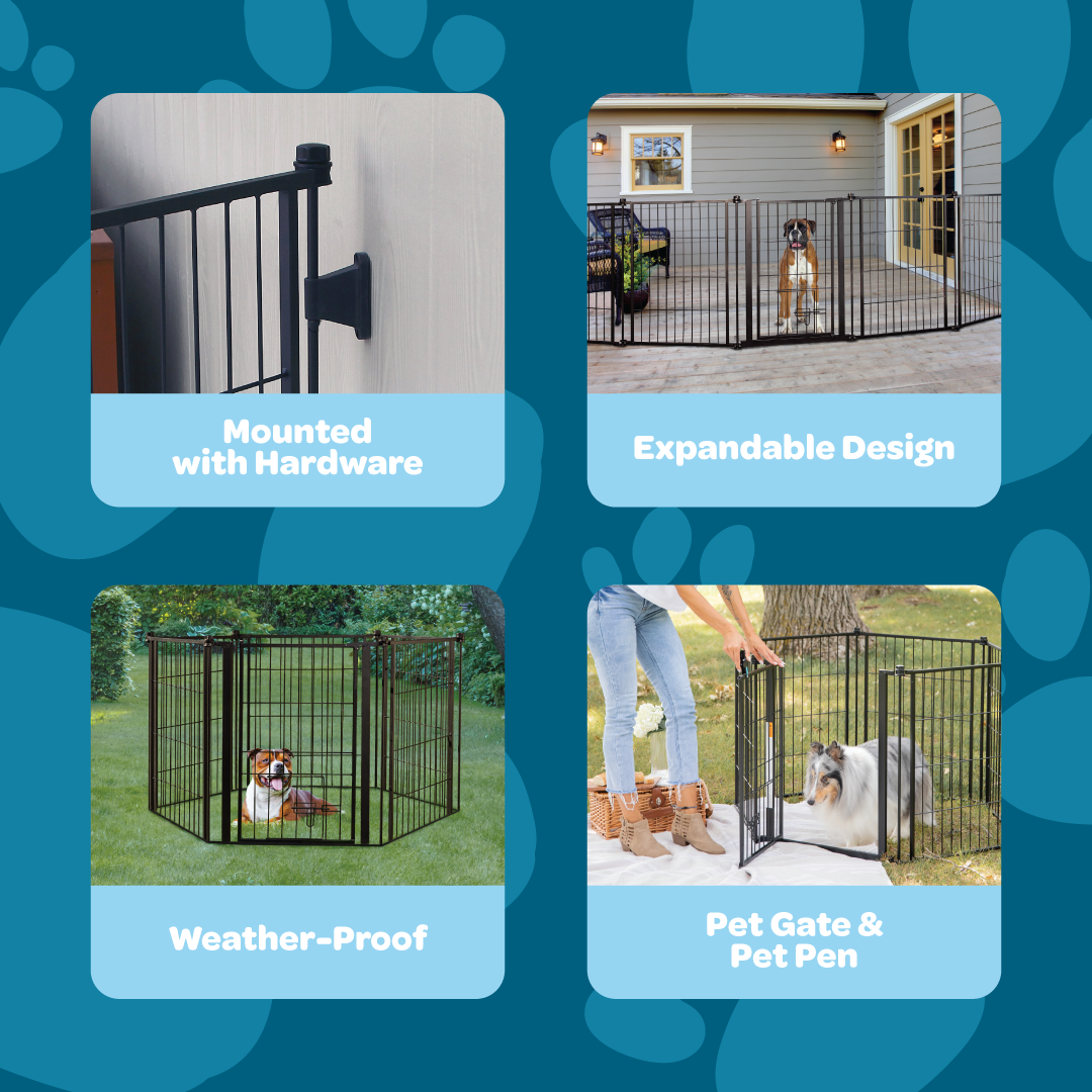 The Carlson Outdoor Super Wide Pet Pen & Gate is a versatile black steel gate with six 32” panels, expanding up to 144” wide. It features a walk-through door with a lever-style handle, a sliding safety lock, and a small pet door. Perfect for keeping pets safe outdoors, it’s weather-resistant and easy to store.