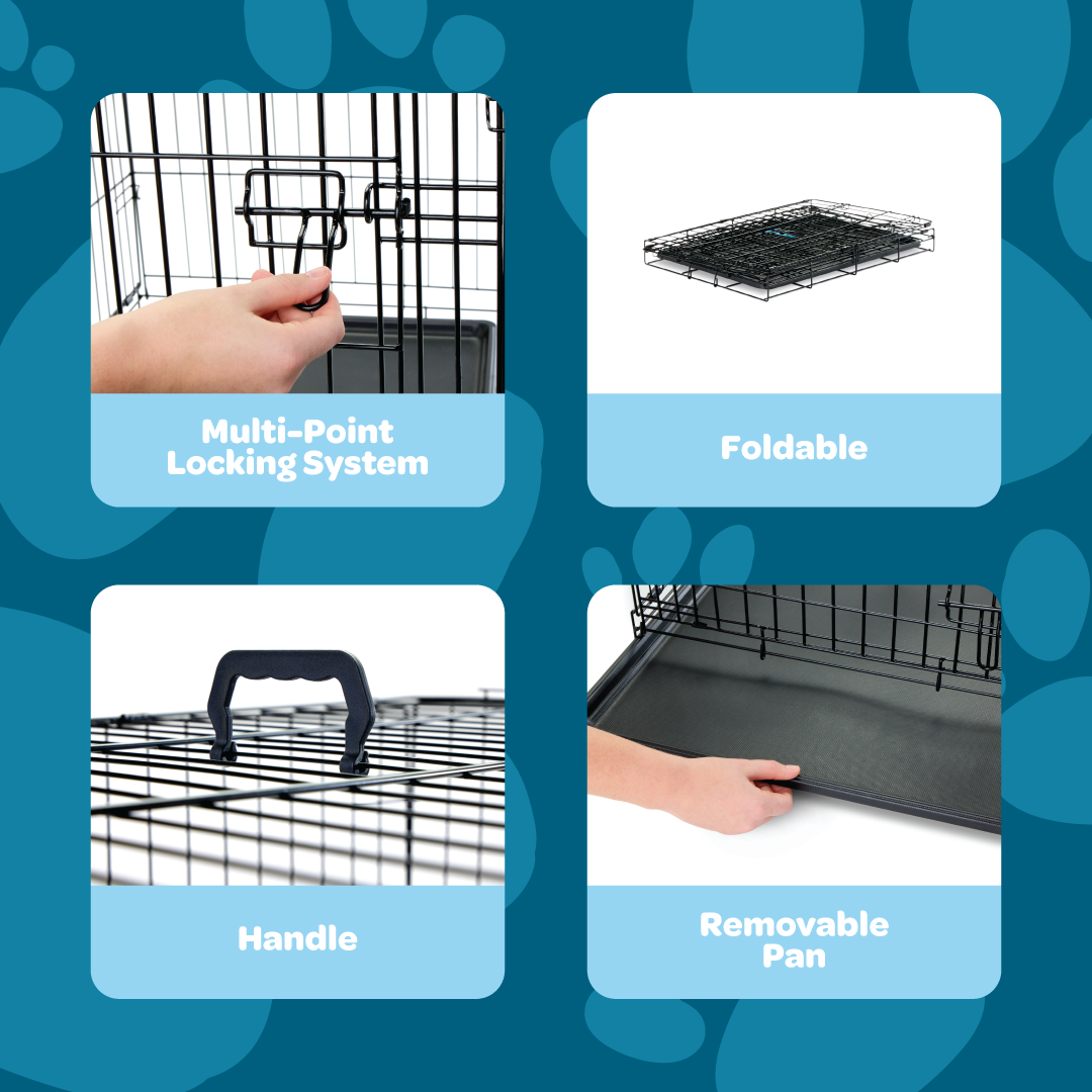 Carlson Medium Single-Door Dog Crate in black, made of durable steel wire. Measures 30” L x 19” W x 21.5” H, with a multi-point locking system for security. Folds flat for easy storage and portability. Removable bottom pan for easy cleaning. Ideal for small to medium dogs up to 24” long.