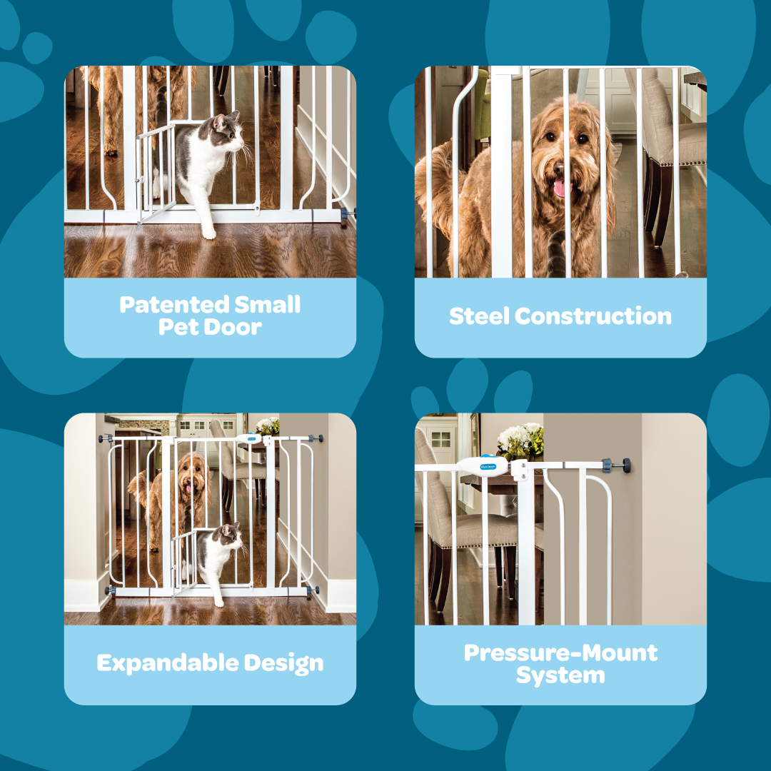 Carlson Extra Wide Walk-Thru Pet Gate in white with a small pet door, designed for extra wide openings. Features a sturdy, chew-proof steel frame, expands to fit openings 29”-36.5” wide, includes a 4” extension, and a 16.5” walk-thru door. Easy installation with no drilling required.