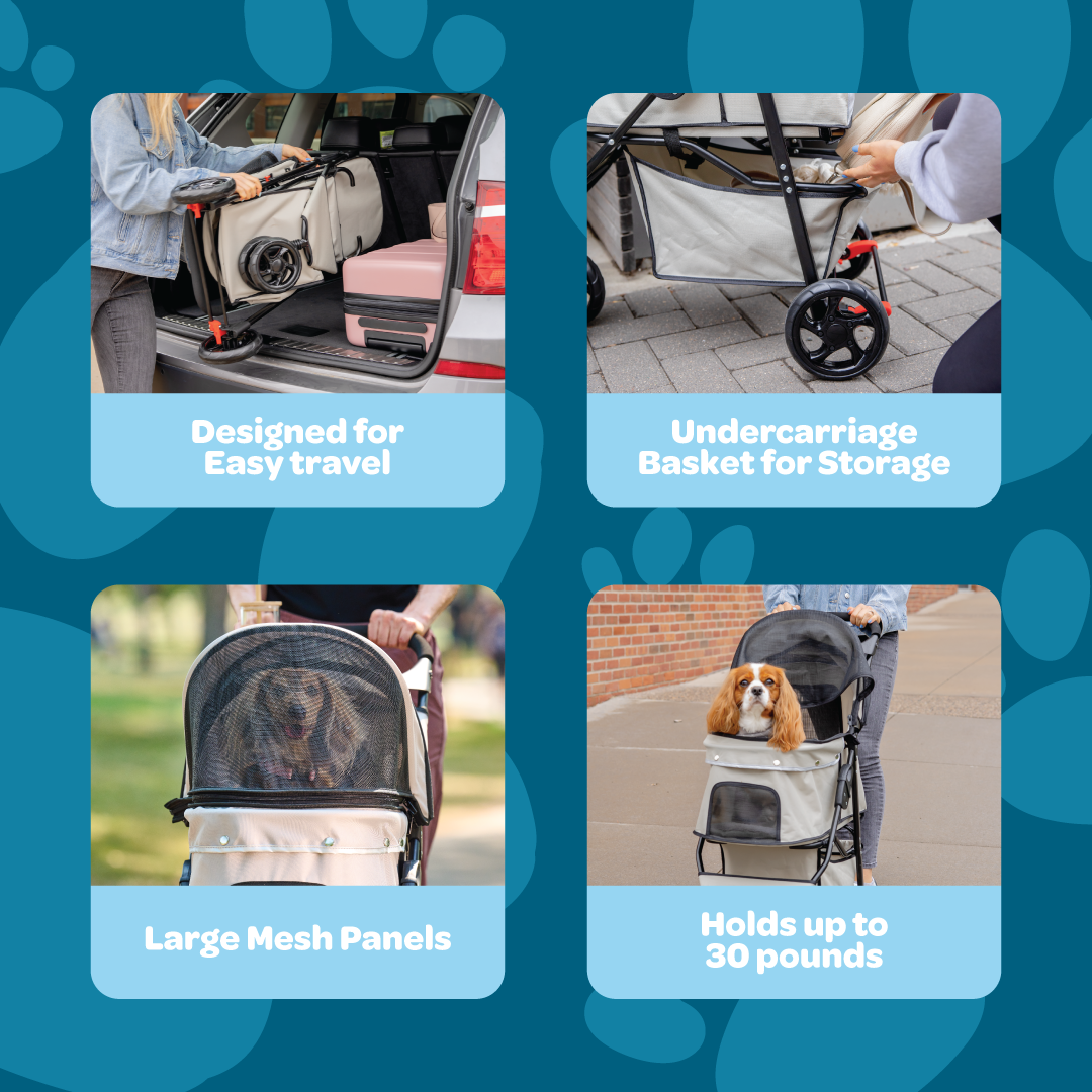 The Carlson Portable Pup Pet Stroller is a lightweight, foldable stroller with a mesh canopy, safety leash, and 360-degree wheels for easy outdoor walks.