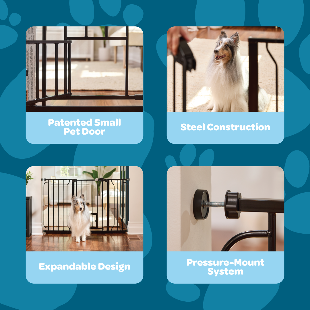 The Carlson 51” Extra Wide Walk-Thru Pet Gate features a sturdy all-steel frame, a 16.5" wide walk-through door, and a patented small pet door. It expands from 29” to 51” wide, stands 30” tall, and includes extensions for wider openings. Ideal for doorways, hallways, and stairs, offering easy installation.