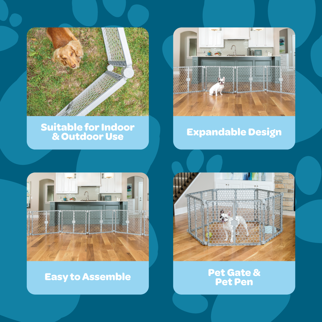 The Carlson 2-in-1 Plastic Gate & Pet Pen features six 32” panels, standing 26” tall, designed for flexible use as a pet gate or playpen. Made from durable gray plastic, it expands up to 192” wide, includes a wall-mounting system, and can be easily folded for compact storage and portability.