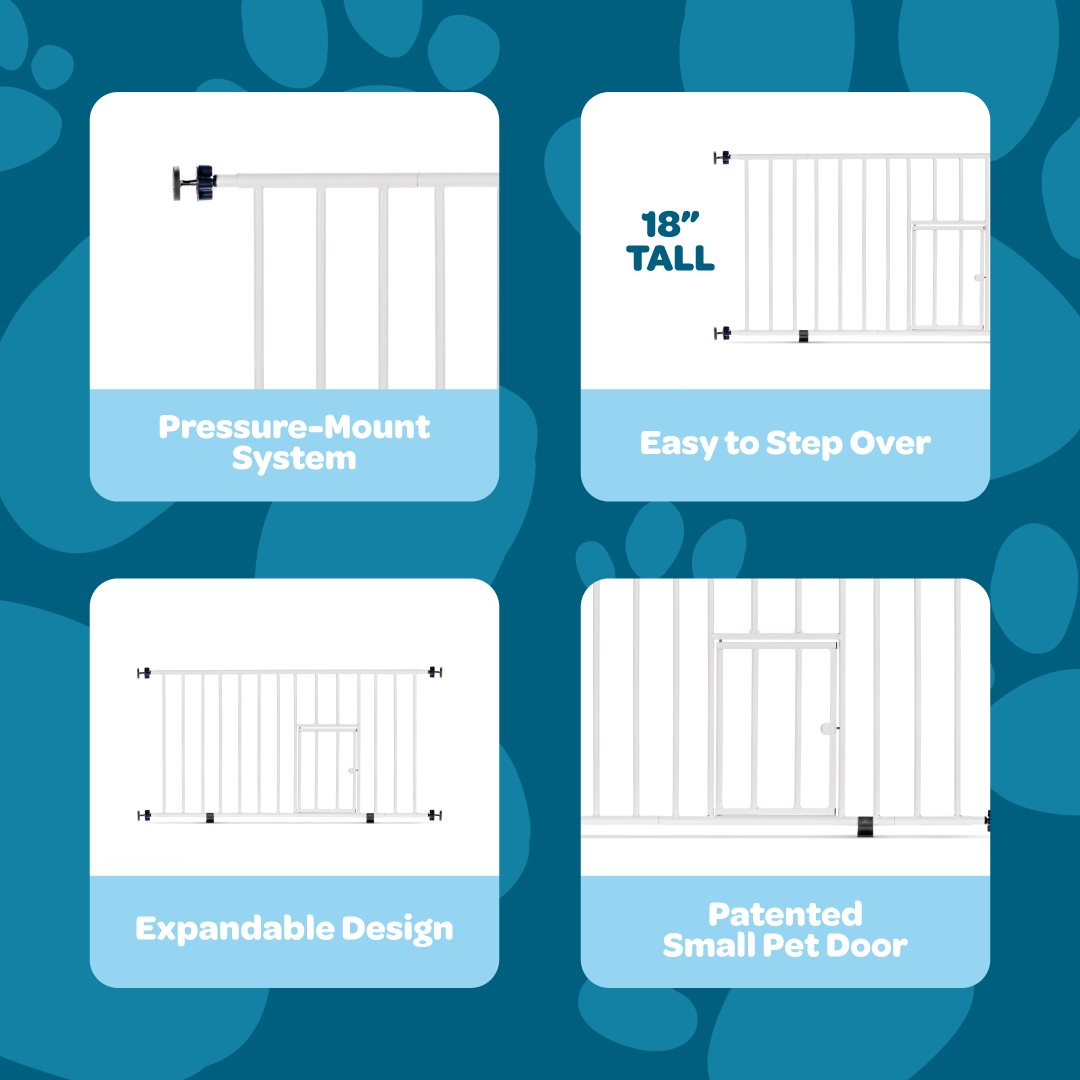The Carlson Mini Pet Gate is a durable, all-steel gate designed for small pets. It features a patented small pet door, pressure-mount installation, and includes three 4" extensions for wider openings. Its lightweight design allows easy storage, with a stepover feature for convenient access.