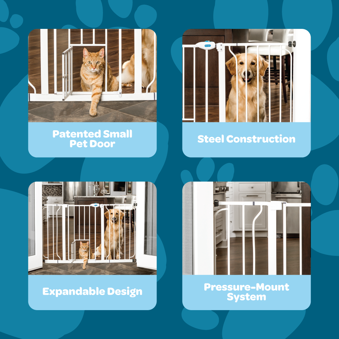 The Carlson 51” Extra Wide Walk-Thru Pet Gate in white features a small pet door, chew-proof steel construction, and expandable design. Easy to install, it fits openings from 29” to 51” wide and includes 6” and 12” extensions, offering flexibility for various spaces while keeping your pets secure.