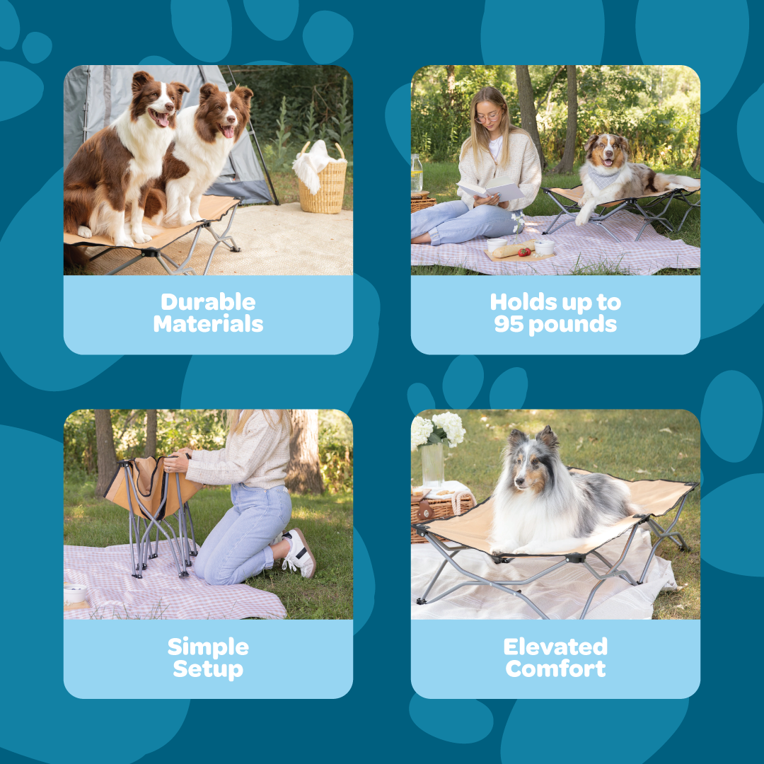 Portable and durable Carlson Large Tan Portable Pup Pet Bed with an all-steel frame and waterproof nylon fabric. Ideal for pets up to 95 pounds, it features easy setup, foldable design for storage, breathable mesh, and a comfortable elevated surface for indoor or outdoor use.