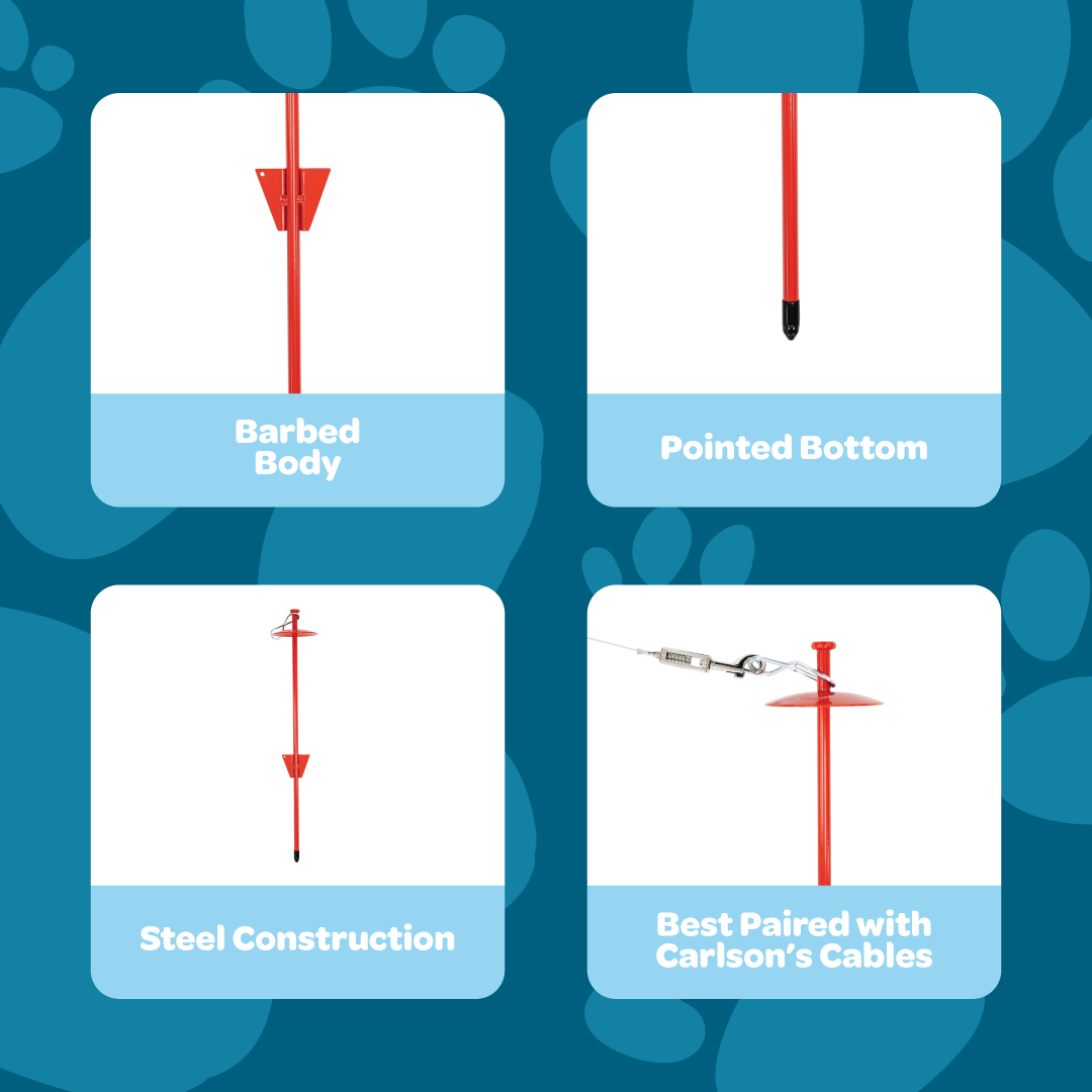 The Carlson Domed Barbed Stake is a secure 20.5-inch tall stake designed for outdoor pet containment. Made of durable steel with a dome top and barbed body, it ensures stability when paired with Carlson Dog Tie-Out Cables. Perfect for yard use or travel, it's lightweight, portable, and easy to install.