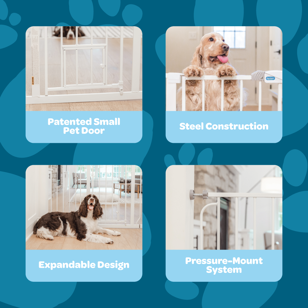The Carlson 51" Extra Wide Walk-Thru Pet Gate in clean white features a durable all-steel frame, a patented small pet door for easy access, and a convenient lift-style handle. It includes 6" and 12" extensions for wider openings and offers simple pressure-mount installation with optional hardware mounting. Ideal for pets and homes.