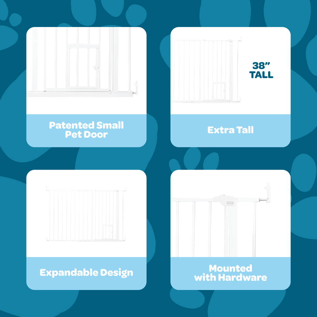 Carlson Maxi Extra Tall Walk-Thru Pet Gate in white with small pet door. Designed for wide openings (51"-59"), it stands 38" tall to contain larger or active pets. Features a 15.9" wide walk-through door, easy lever-style handle, and secure hardware mount for durable, long-lasting use.