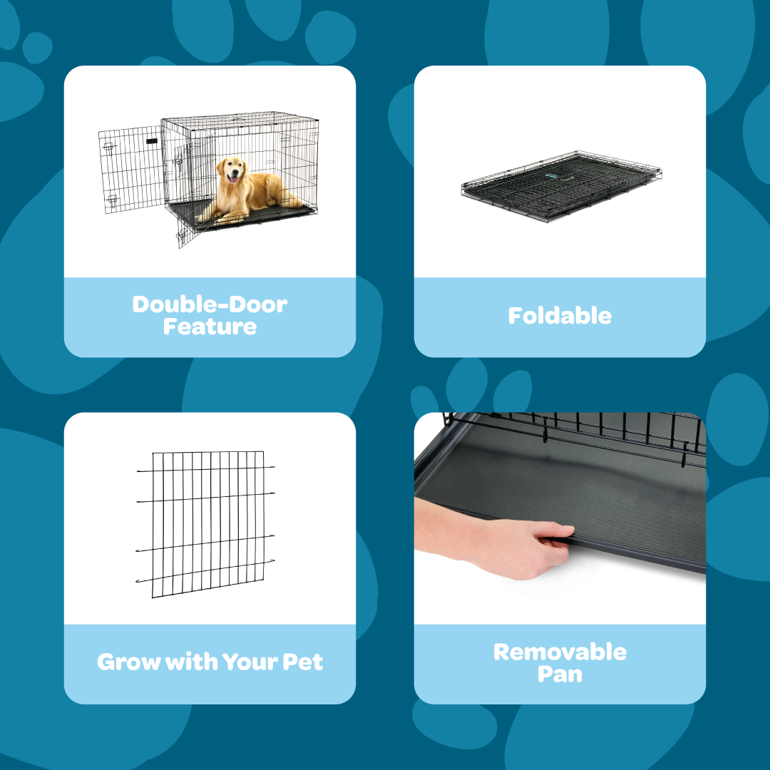 The Carlson Large Double-Door Dog Crate is a durable and portable steel wire crate designed for medium to large dogs. It features two access doors, a multi-point locking system, a removable bottom pan for easy cleaning, and a divider to adjust the space as your puppy grows. Ideal for travel and home use.
