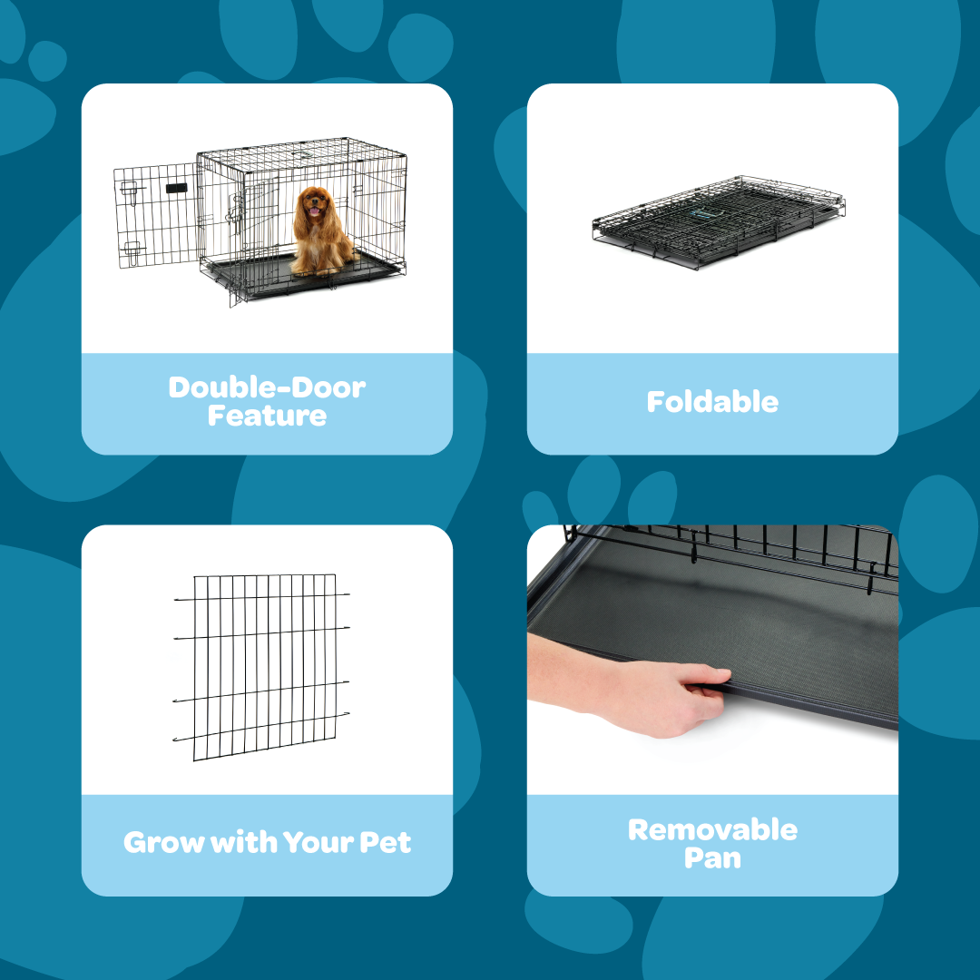 The Carlson Medium Double-Door Dog Crate features a sturdy steel wire construction, offering a safe and comfortable space for small to medium-sized dogs up to 24” long. It includes two access doors, a removable pan for easy cleaning, and folds flat for convenient storage and transport. Ideal for training and containment.