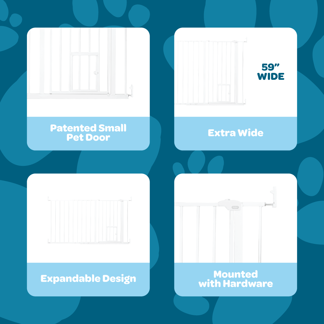 Carlson Maxi Walk-Thru Pet Gate with Small Pet Door, designed for wide openings between 51" and 59". Made of durable steel, it provides a chew-proof barrier. Features a 15.9" wide walk-through door, a patented small pet door, and easy wall-mount installation for added convenience.